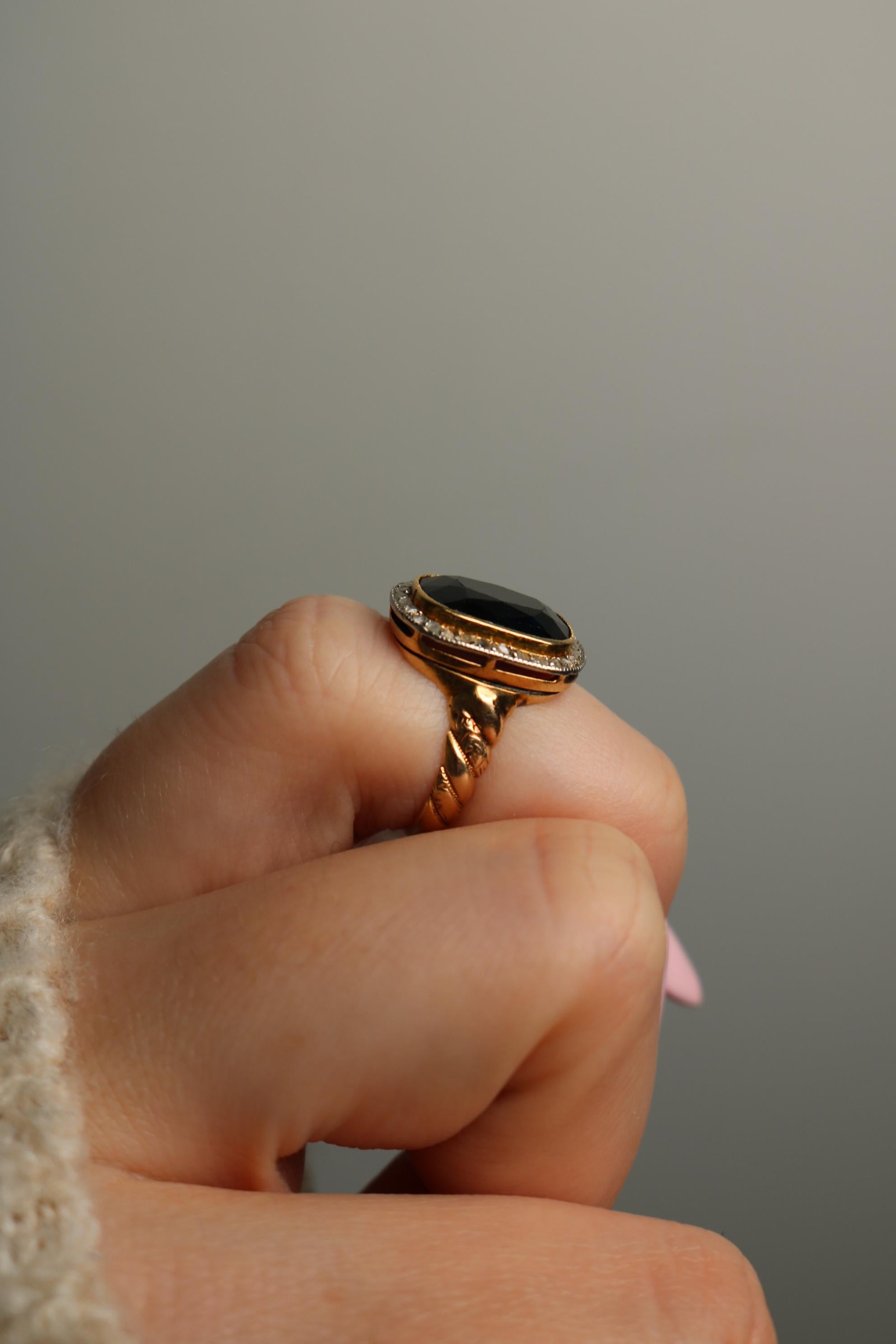 Bague Victorienne Saphir Diamant Cluster Halo en Or Jaune 14K ~3.65CTW en vente 6
