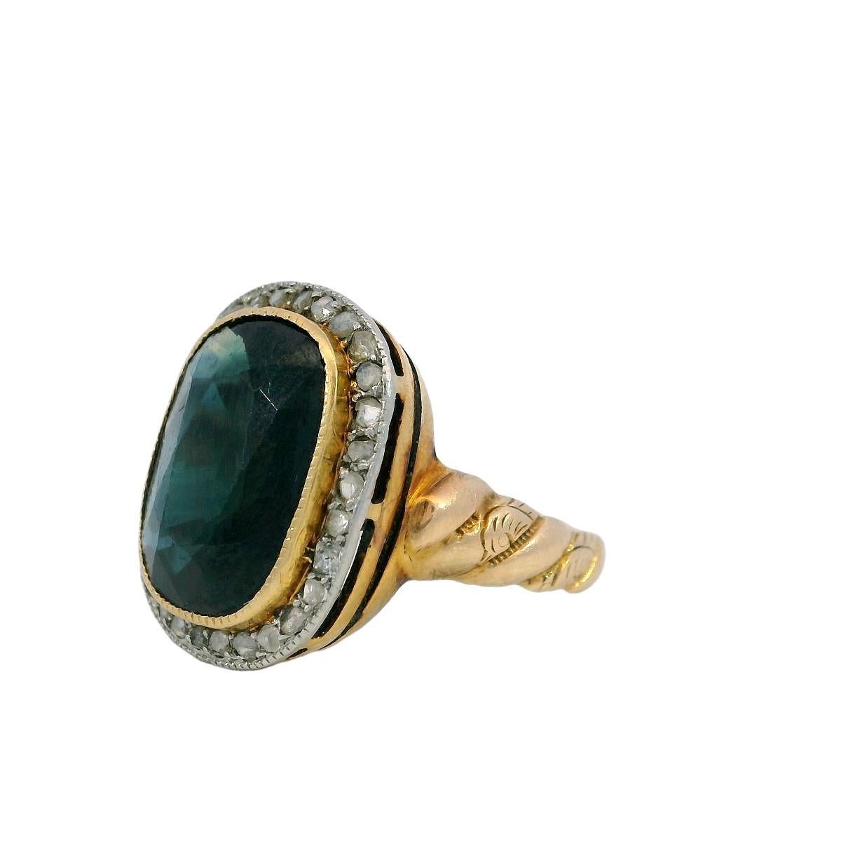 Taille ovale Bague Victorienne Saphir Diamant Cluster Halo en Or Jaune 14K ~3.65CTW en vente