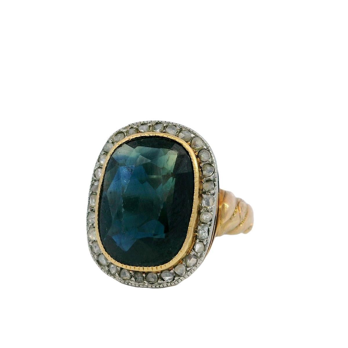 Bague Victorienne Saphir Diamant Cluster Halo en Or Jaune 14K ~3.65CTW Pour femmes en vente