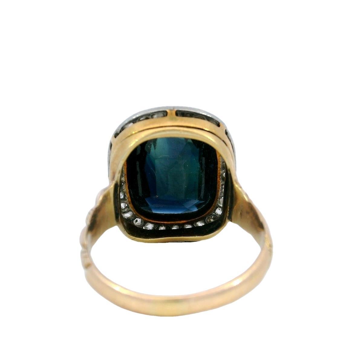 Bague Victorienne Saphir Diamant Cluster Halo en Or Jaune 14K ~3.65CTW en vente 1