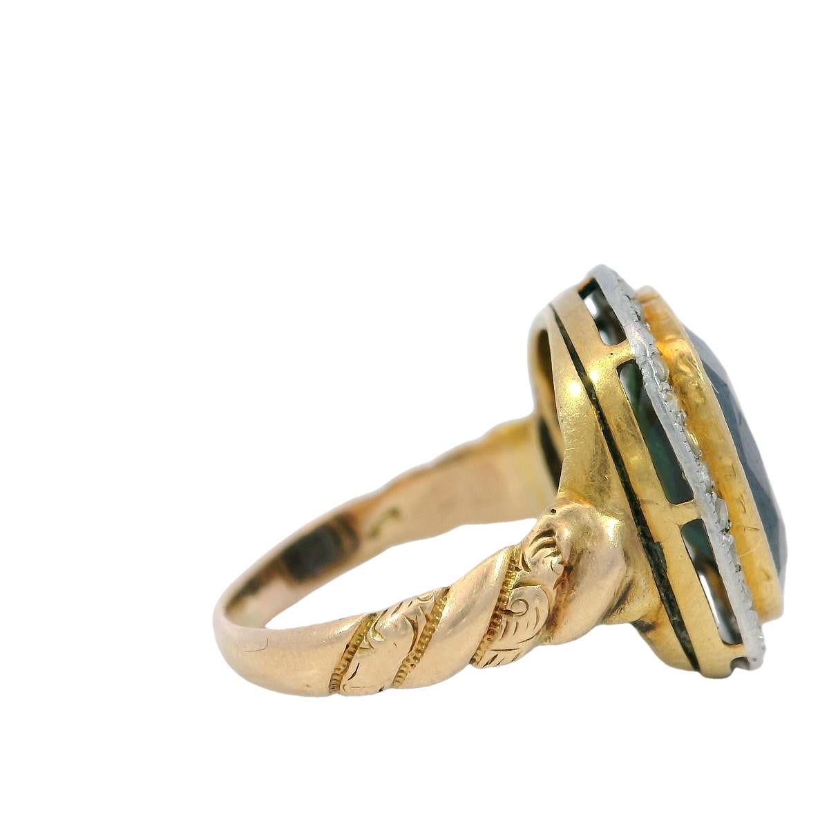 Bague Victorienne Saphir Diamant Cluster Halo en Or Jaune 14K ~3.65CTW en vente 3