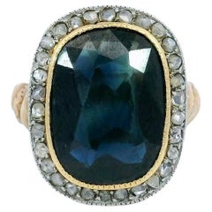 Bague Victorienne Saphir Diamant Cluster Halo en Or Jaune 14K ~3.65CTW