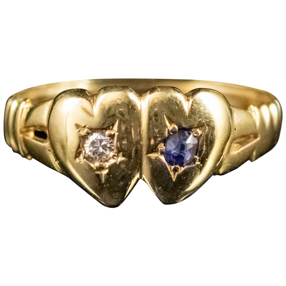 Victorian Sapphire Diamond Double Heart Ring 18 Carat Gold Dated 1897 For Sale