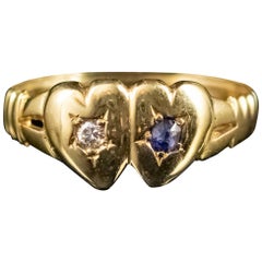 Antique Victorian Sapphire Diamond Double Heart Ring 18 Carat Gold Dated 1897