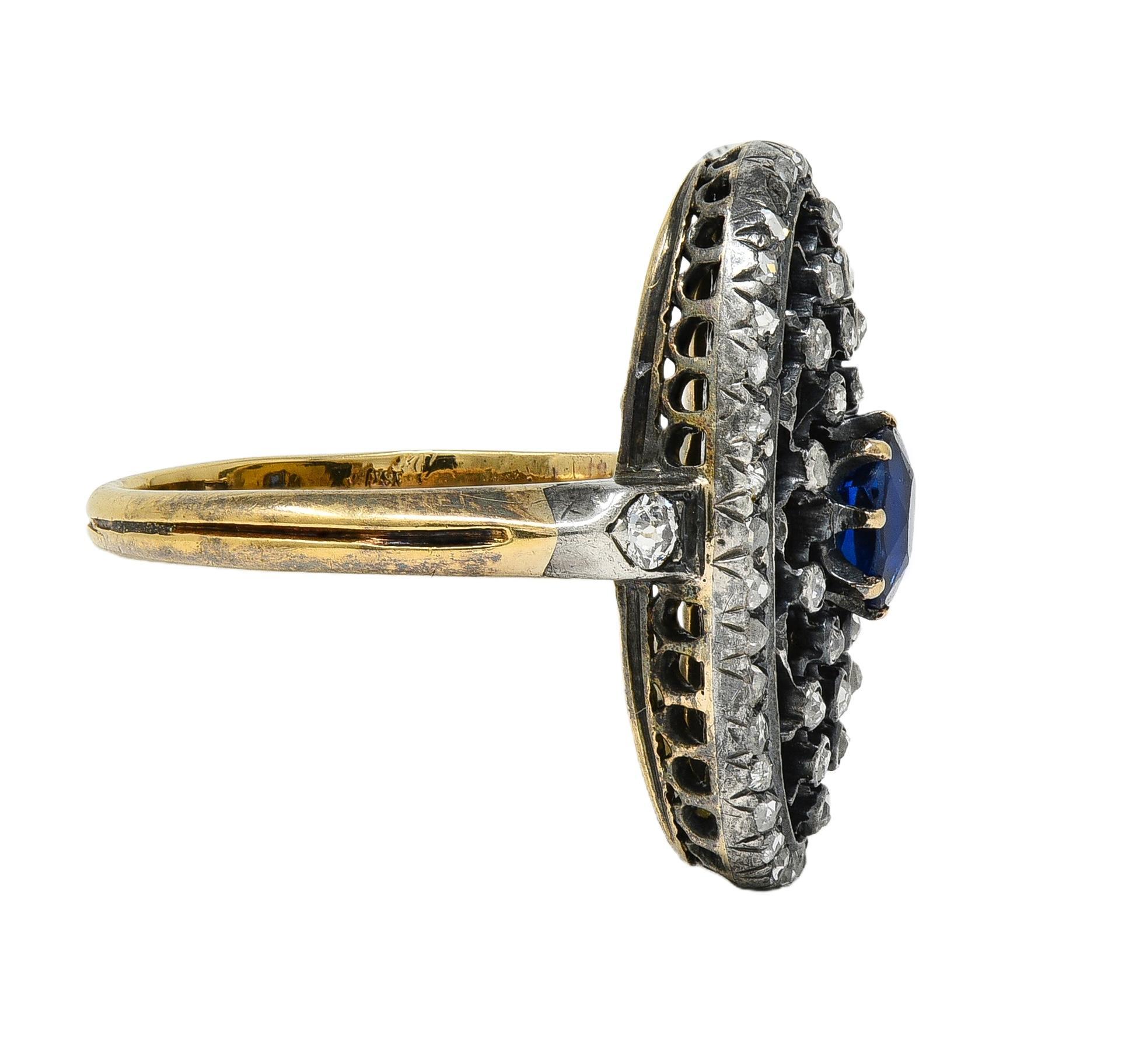 Cushion Cut Victorian Sapphire Diamond Enamel Silver 18K Gold Antique Navette Cluster Ring For Sale