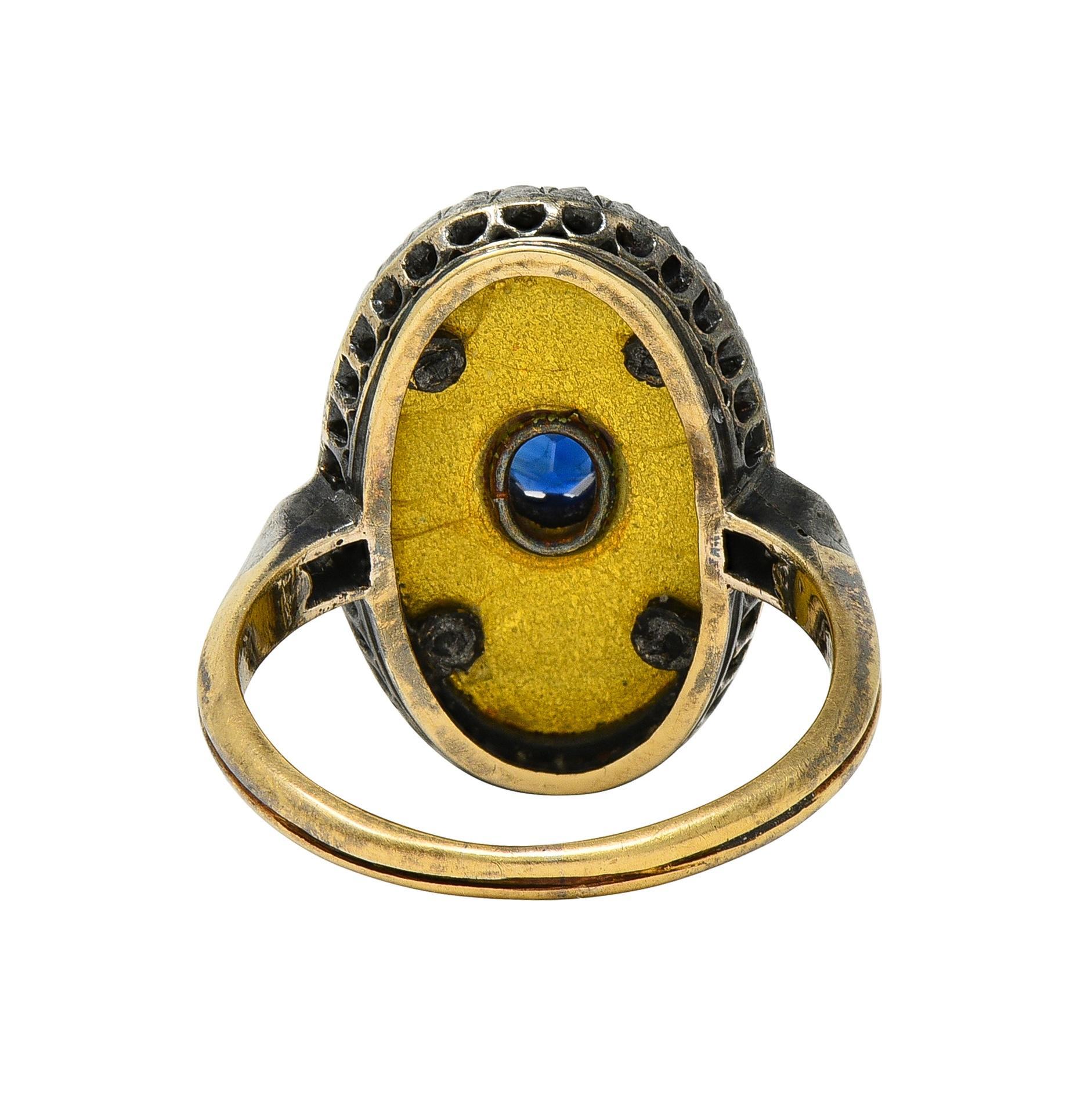 Victorian Sapphire Diamond Enamel Silver 18K Gold Antique Navette Cluster Ring In Excellent Condition For Sale In Philadelphia, PA