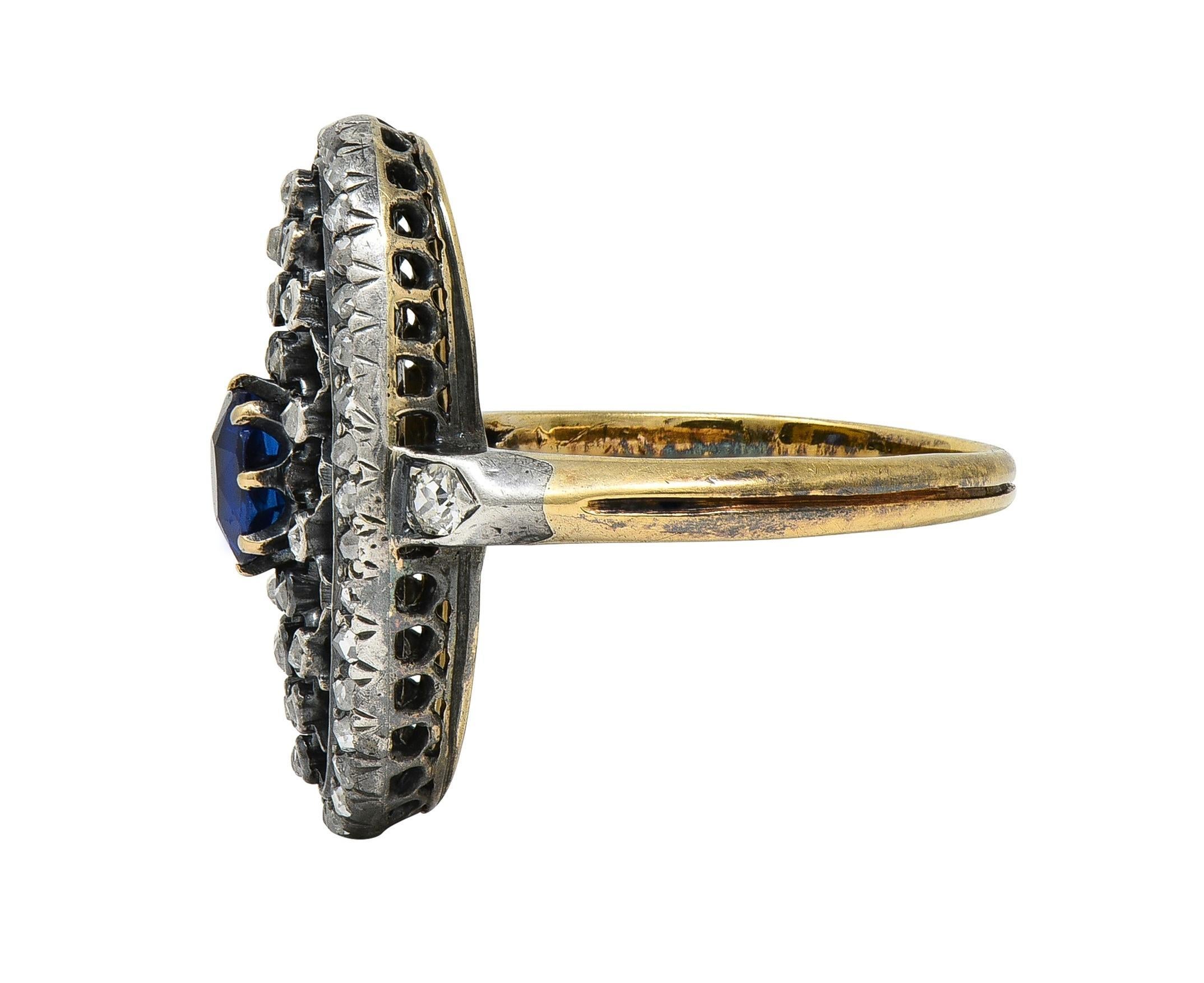 Women's or Men's Victorian Sapphire Diamond Enamel Silver 18K Gold Antique Navette Cluster Ring For Sale