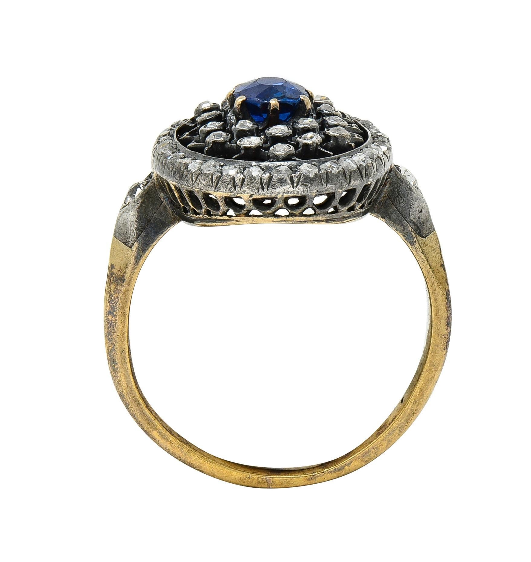 Victorian Sapphire Diamond Enamel Silver 18K Gold Antique Navette Cluster Ring For Sale 1