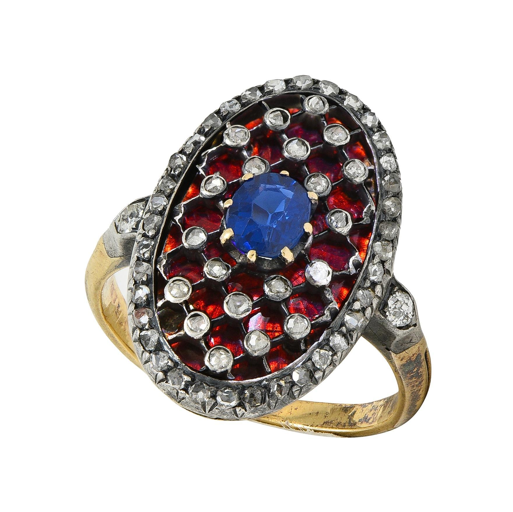 Victorian Sapphire Diamond Enamel Silver 18K Gold Antique Navette Cluster Ring For Sale 2