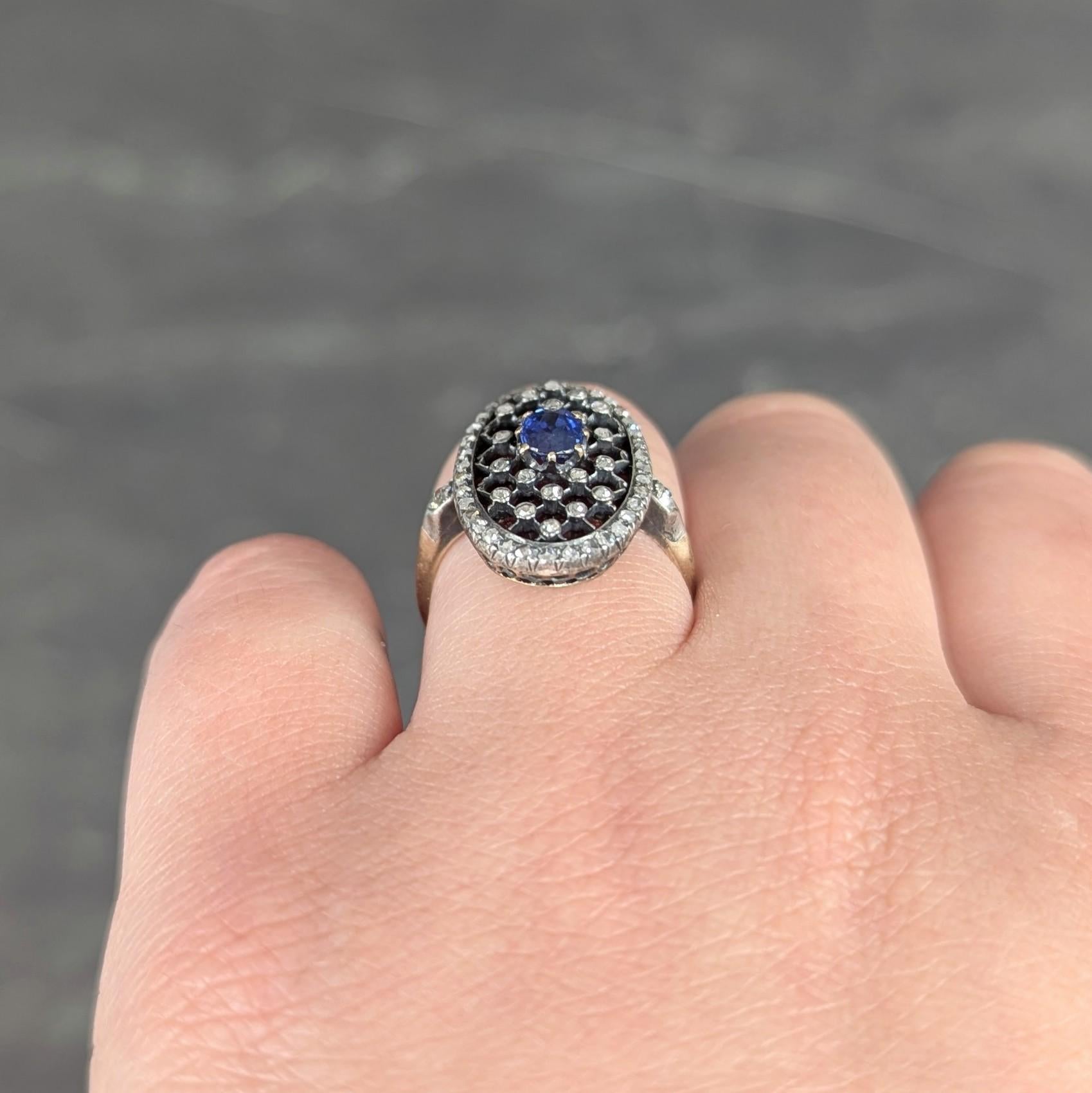 Victorian Sapphire Diamond Enamel Silver 18K Gold Antique Navette Cluster Ring For Sale 3