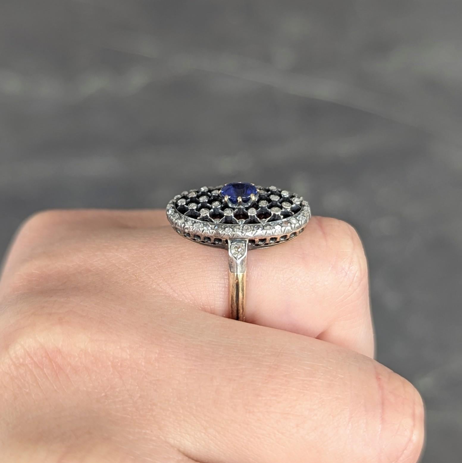 Victorian Sapphire Diamond Enamel Silver 18K Gold Antique Navette Cluster Ring For Sale 4