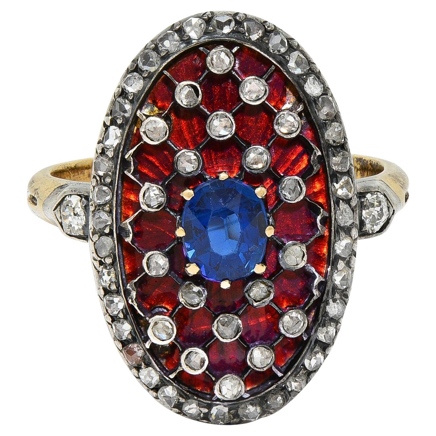 Victorian Sapphire Diamond Enamel Silver 18K Gold Antique Navette Cluster Ring