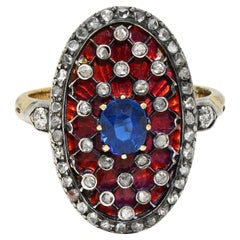 Victorian Sapphire Diamond Enamel Silver 18K Gold Antique Navette Cluster Ring