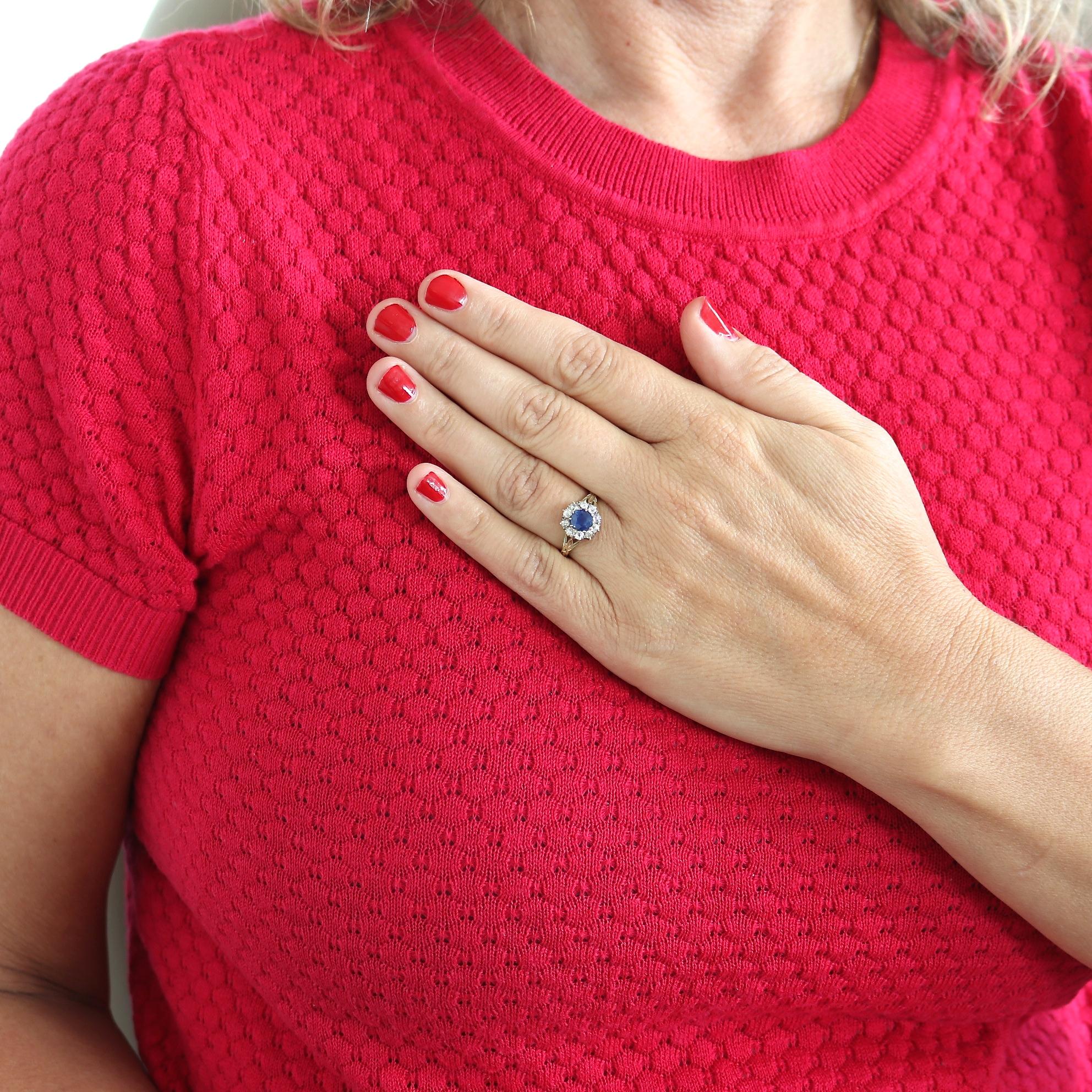 Round Cut Victorian Sapphire Diamond Gold Halo Ring