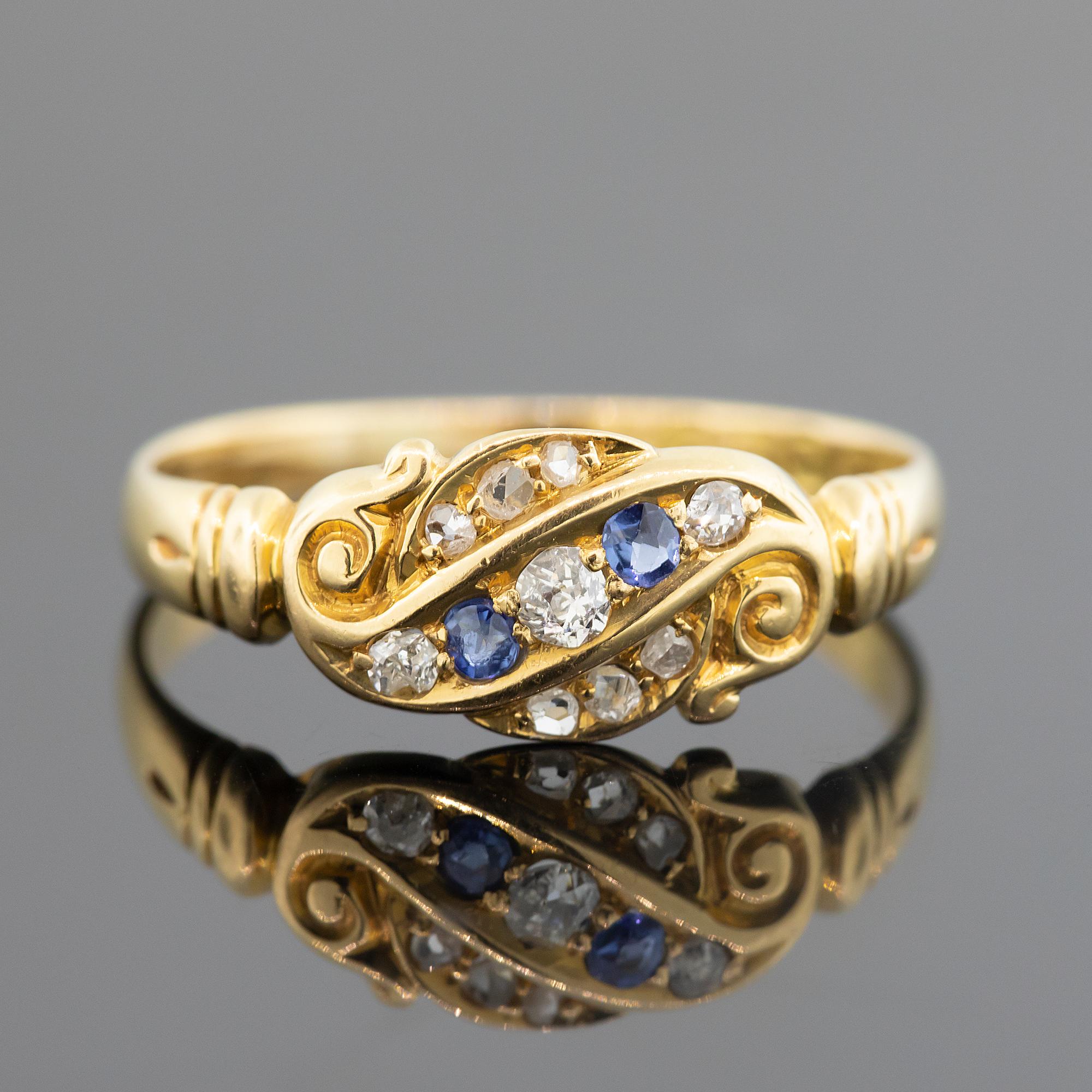 Rose Cut Victorian Sapphire & Diamond Ring - Hallmarked Chester Circa 1900 For Sale