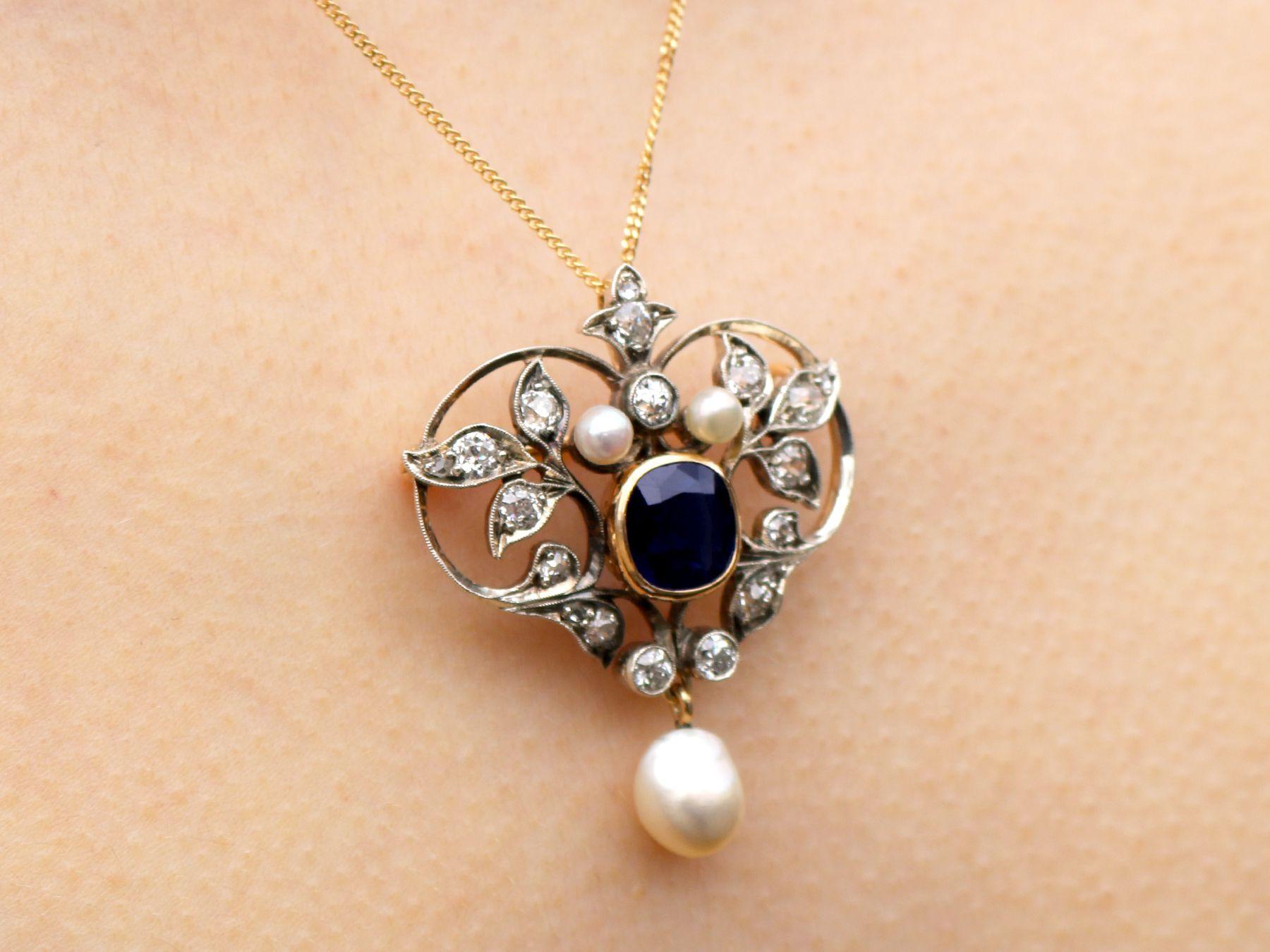 Victorian Sapphire Diamond Pearl Brooch Pendant in 15 Carat Yellow Gold 5