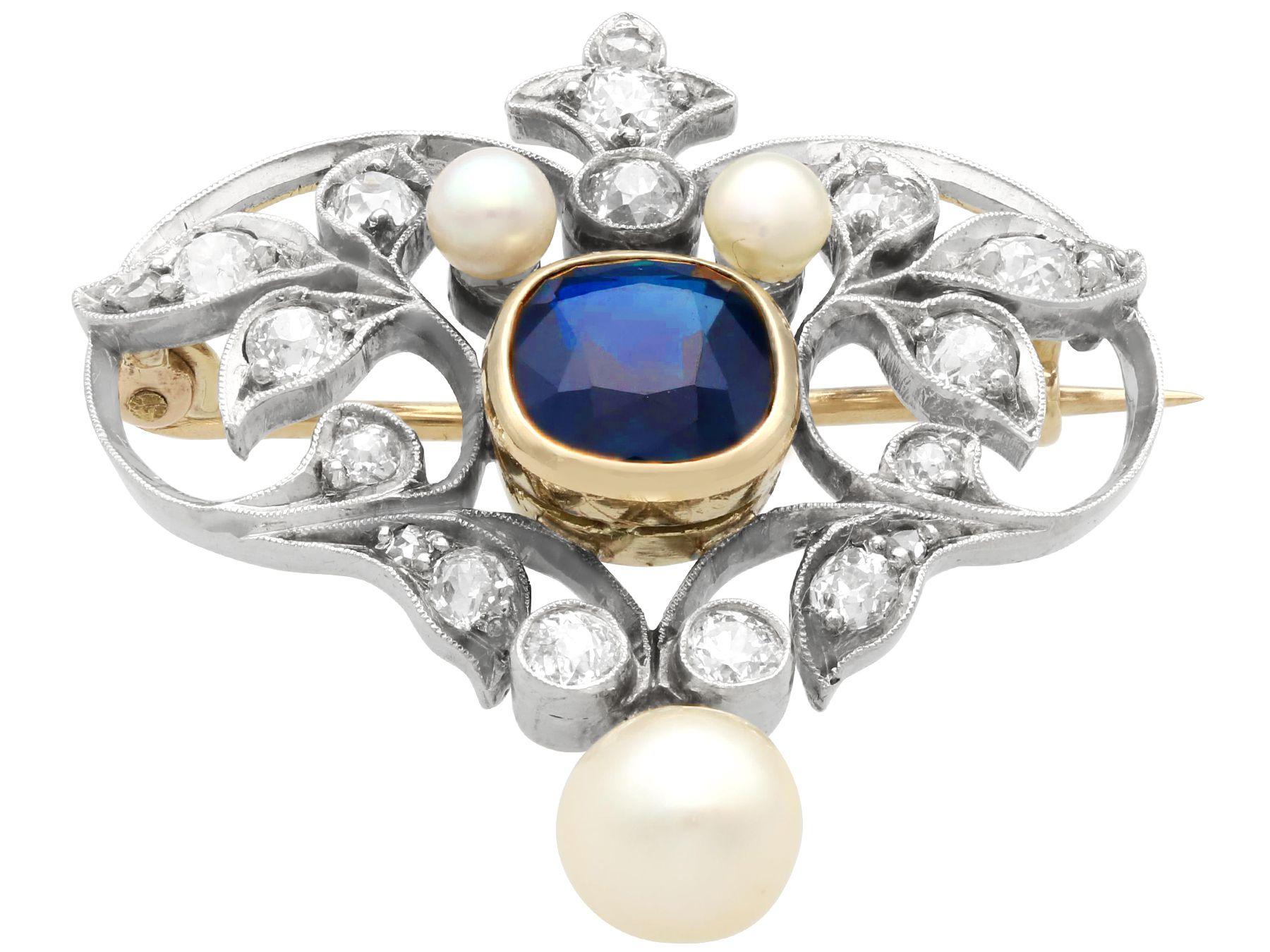 Victorian Sapphire Diamond Pearl Brooch Pendant in 15 Carat Yellow Gold In Excellent Condition For Sale In Jesmond, Newcastle Upon Tyne