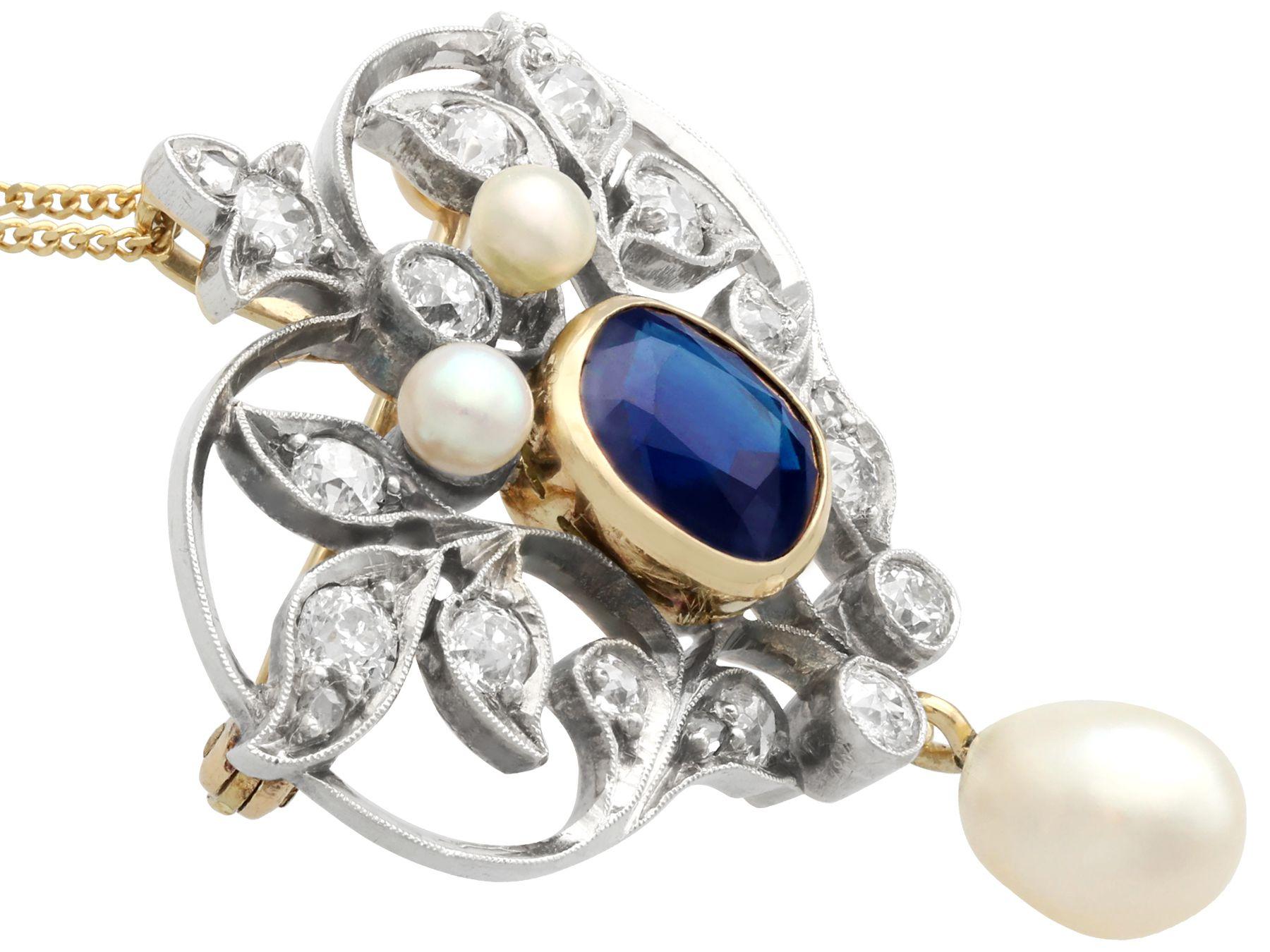 Women's or Men's Victorian Sapphire Diamond Pearl Brooch Pendant in 15 Carat Yellow Gold For Sale