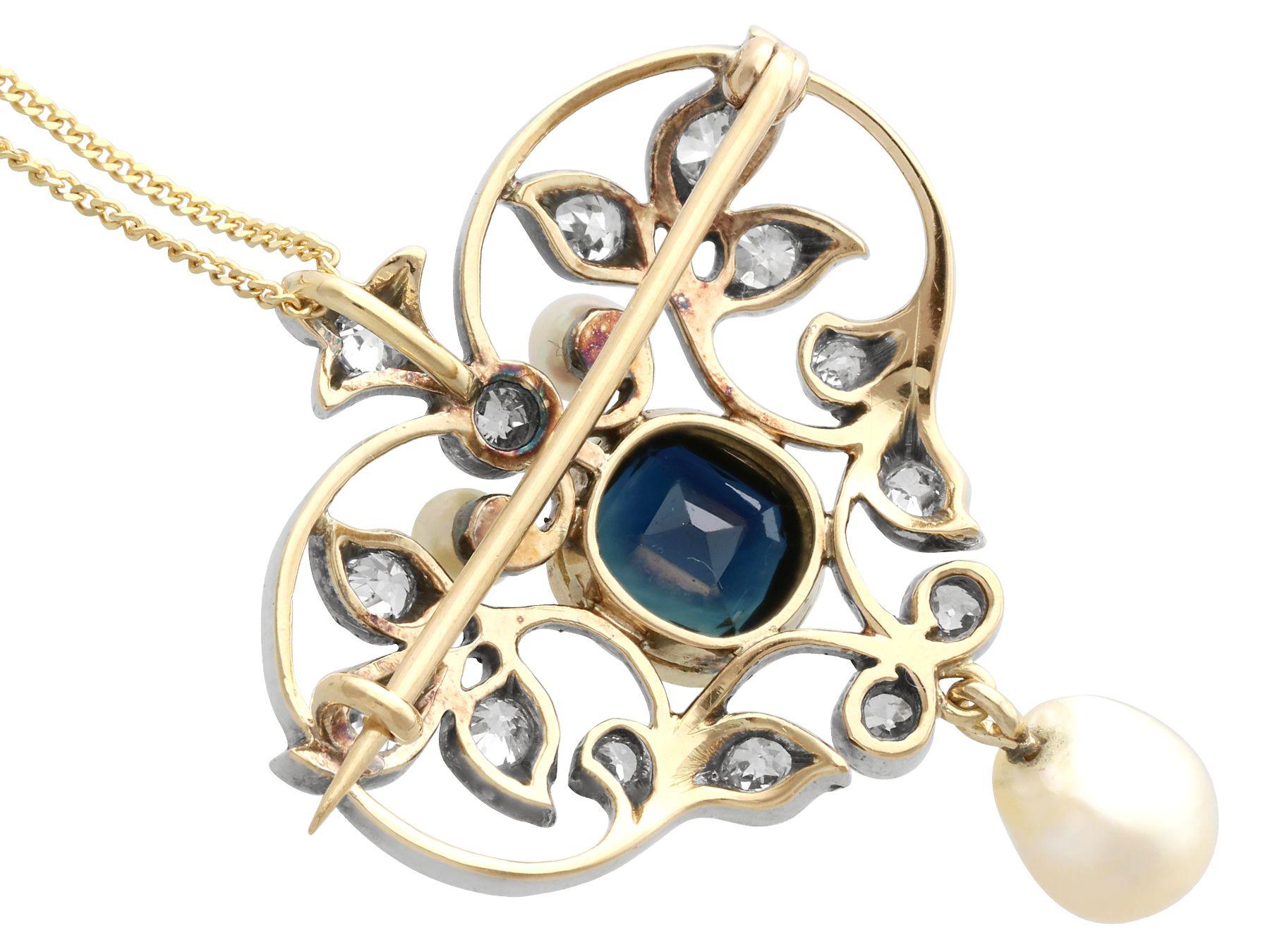 Victorian Sapphire Diamond Pearl Brooch Pendant in 15 Carat Yellow Gold 1