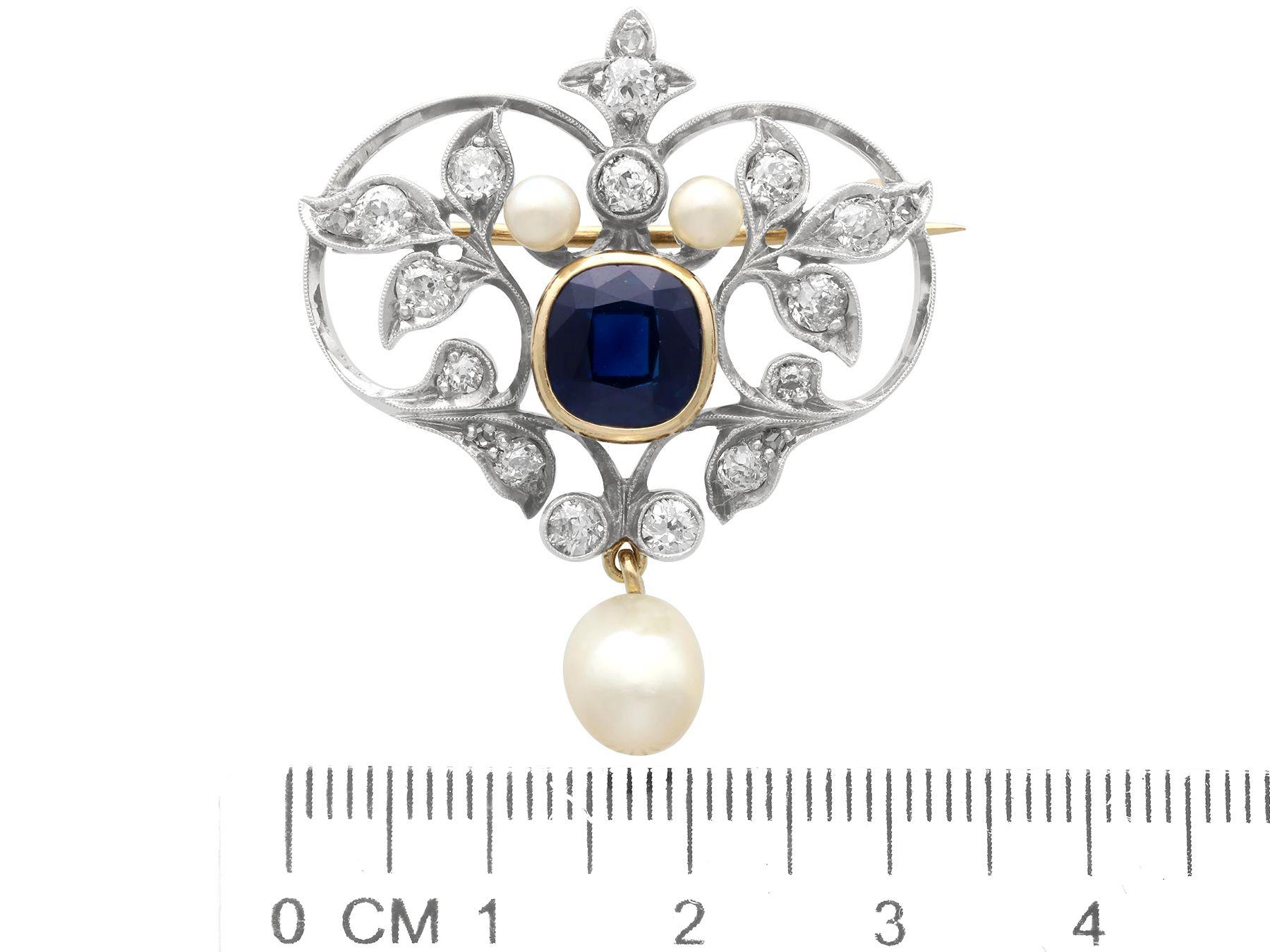 Victorian Sapphire Diamond Pearl Brooch Pendant in 15 Carat Yellow Gold For Sale 3