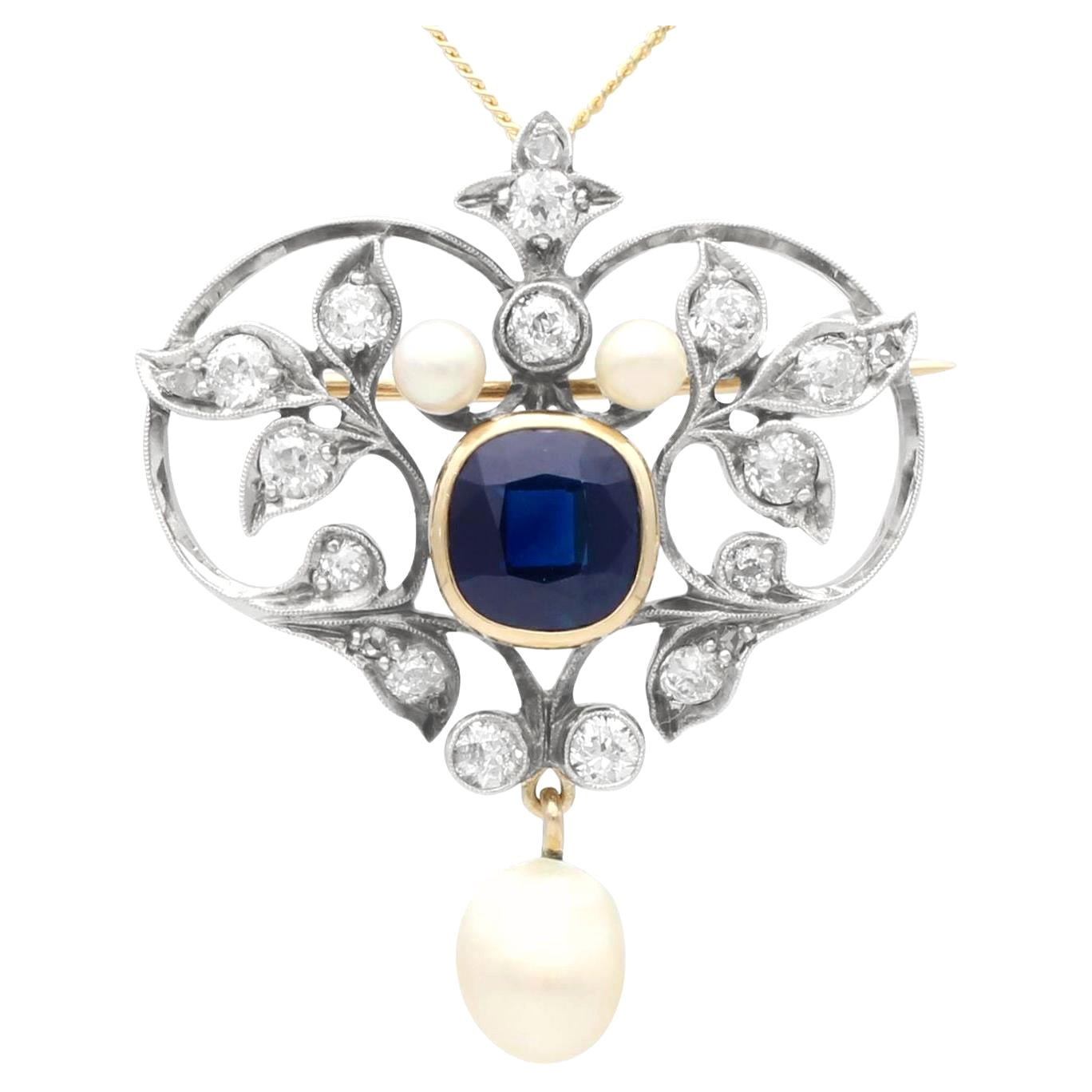 Victorian Sapphire Diamond Pearl Brooch Pendant in 15 Carat Yellow Gold