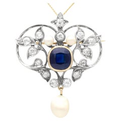 Victorian Sapphire Diamond Pearl Brooch Pendant in 15 Carat Yellow Gold