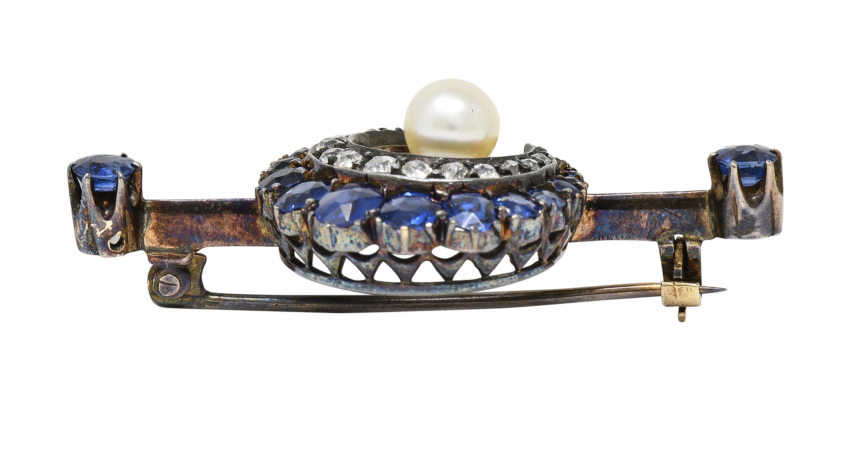 Women's or Men's Victorian Sapphire Diamond Pearl Silver 14 Karat Gold Antique Crescent Brooch