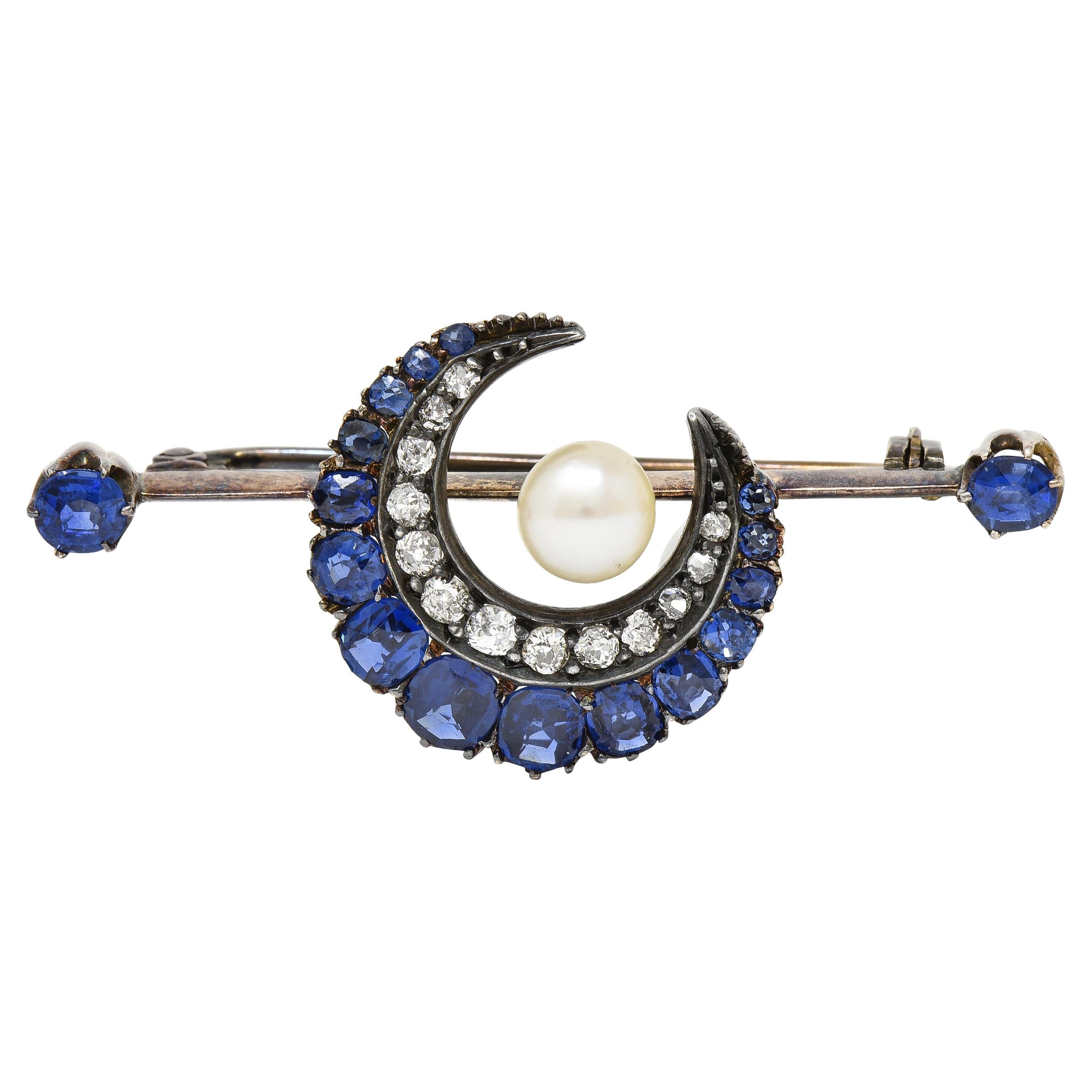 Victorian Sapphire Diamond Pearl Silver 14 Karat Gold Antique Crescent Brooch