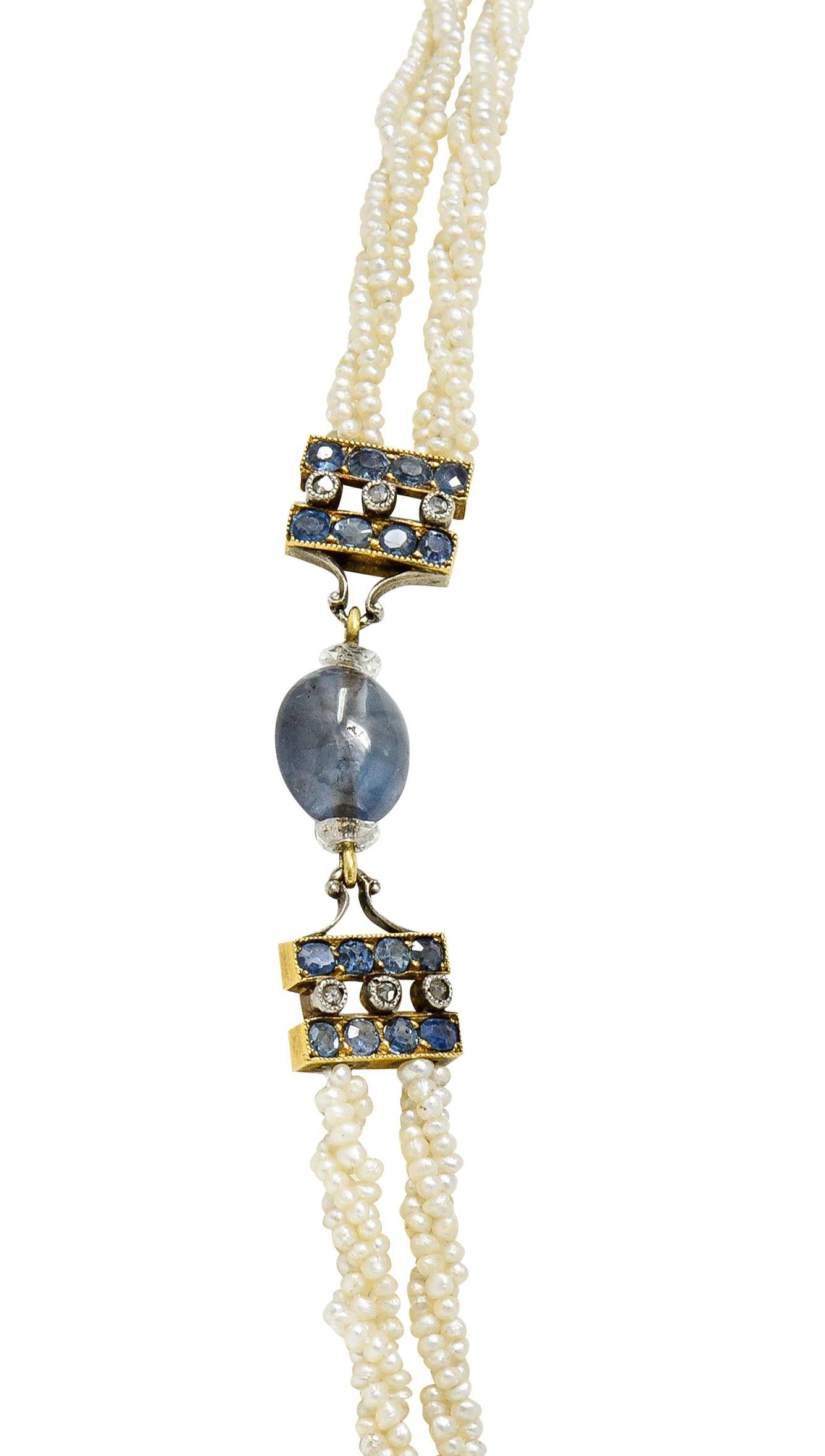 Victorian Sapphire Diamond Pearl Silver 18 Karat Gold Strand Pendant Necklace 6