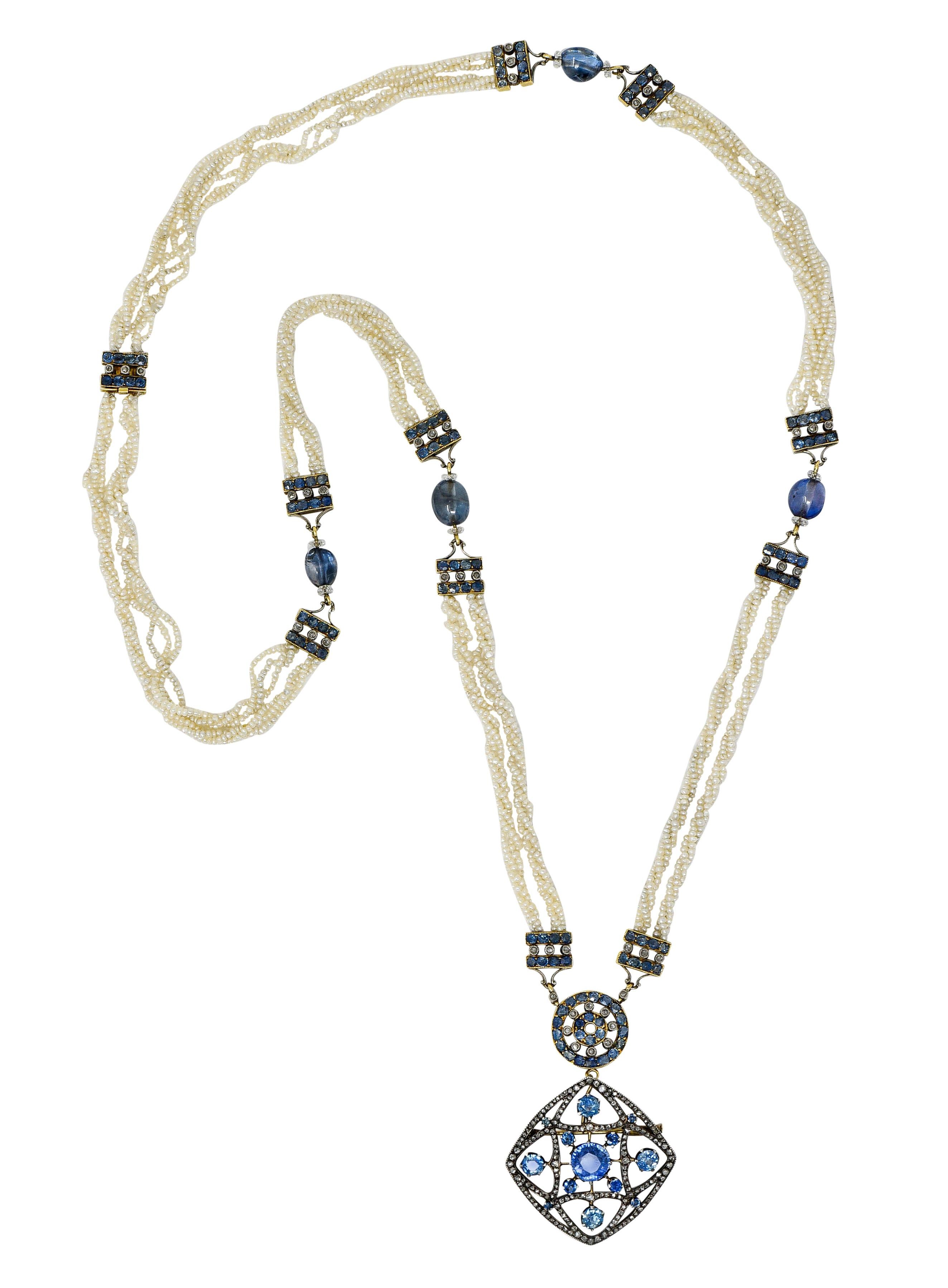 Multi-strand necklace is comprised of 1.6 mm freshwater natural pearl beads; well-matched and white

With rectangular stations throughout accented by rose cut diamonds and round cut sapphires

With additional stations of tumbled sapphire beads