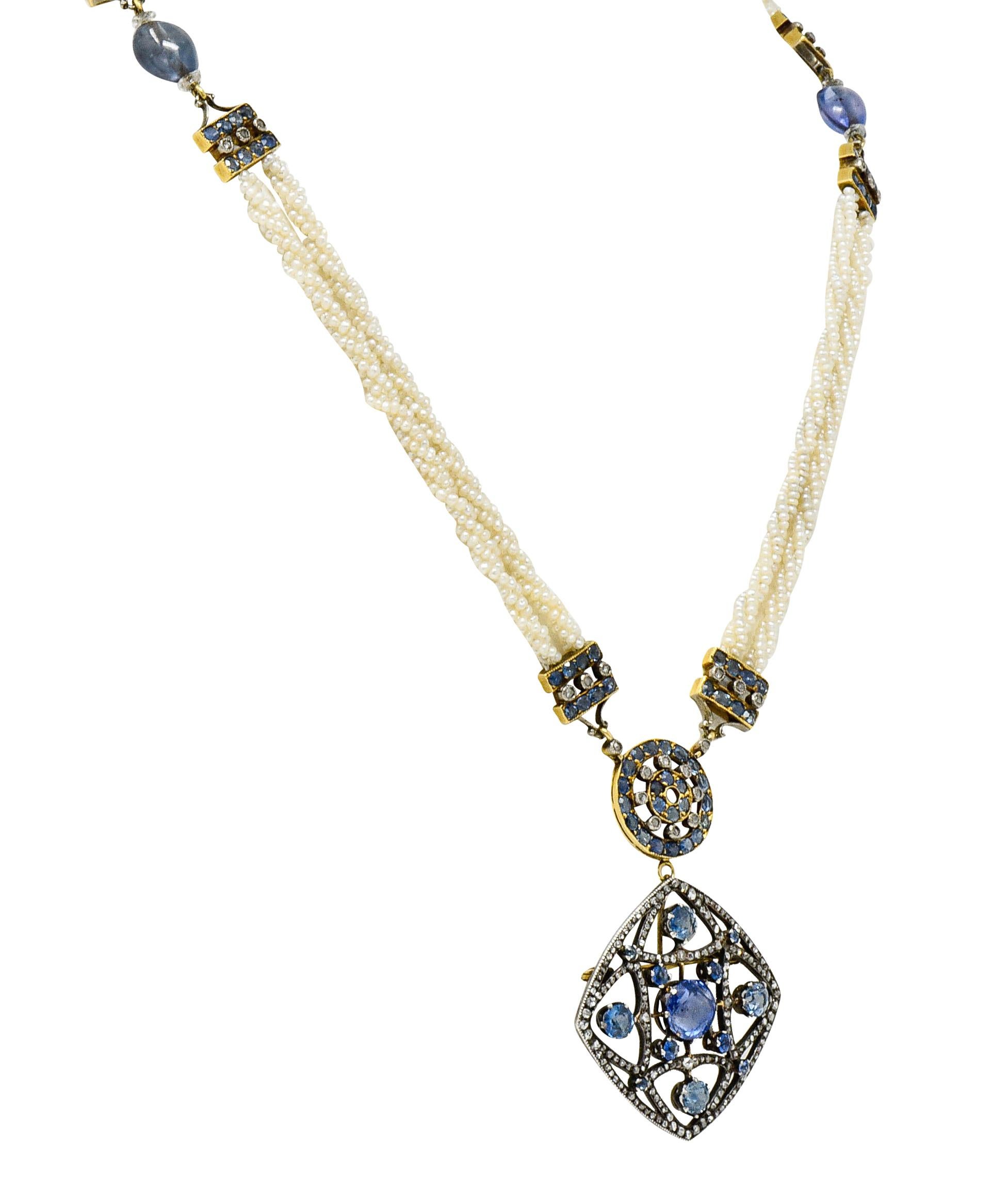 Rose Cut Victorian Sapphire Diamond Pearl Silver 18 Karat Gold Strand Pendant Necklace