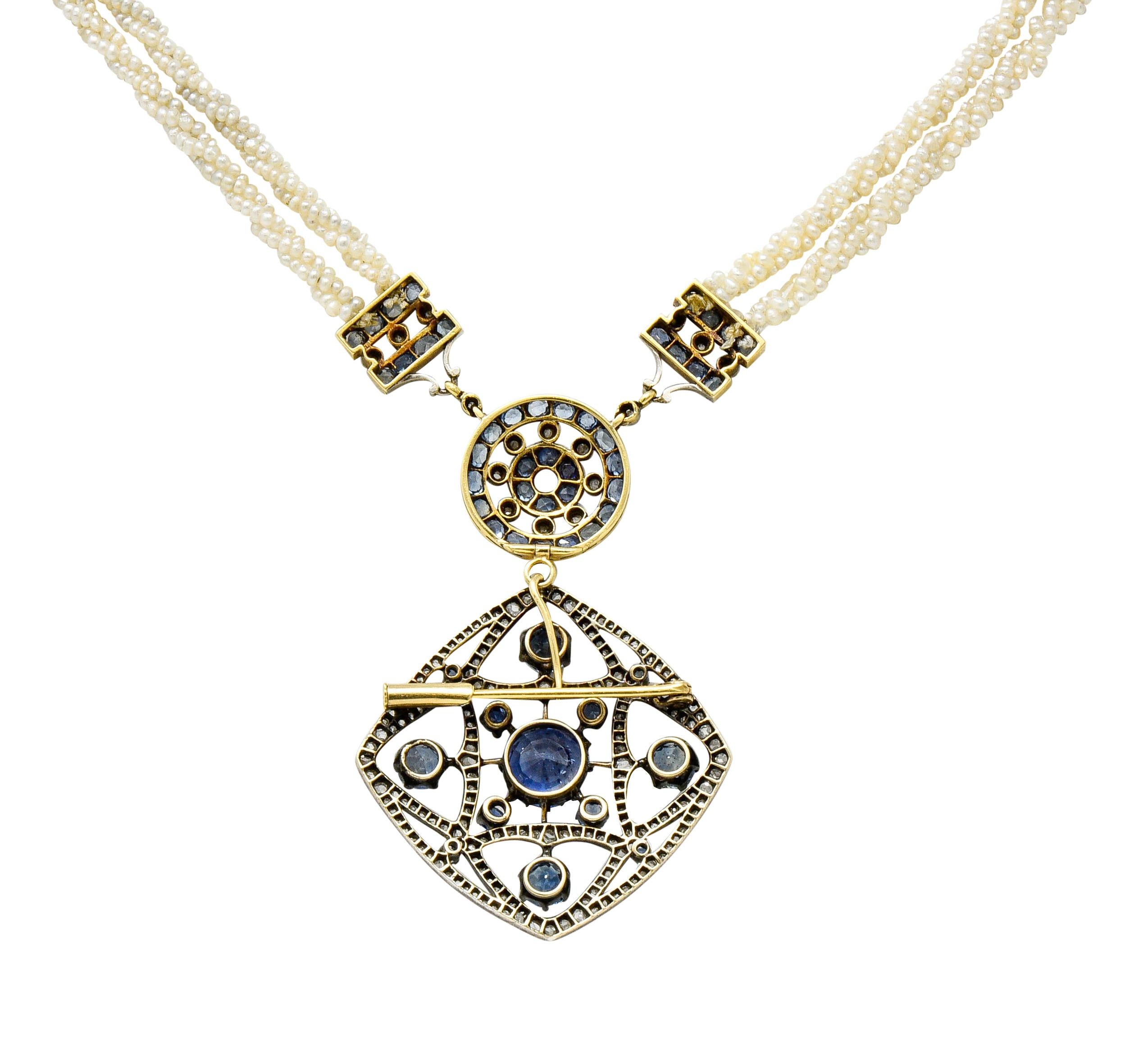 Victorian Sapphire Diamond Pearl Silver 18 Karat Gold Strand Pendant Necklace In Excellent Condition In Philadelphia, PA