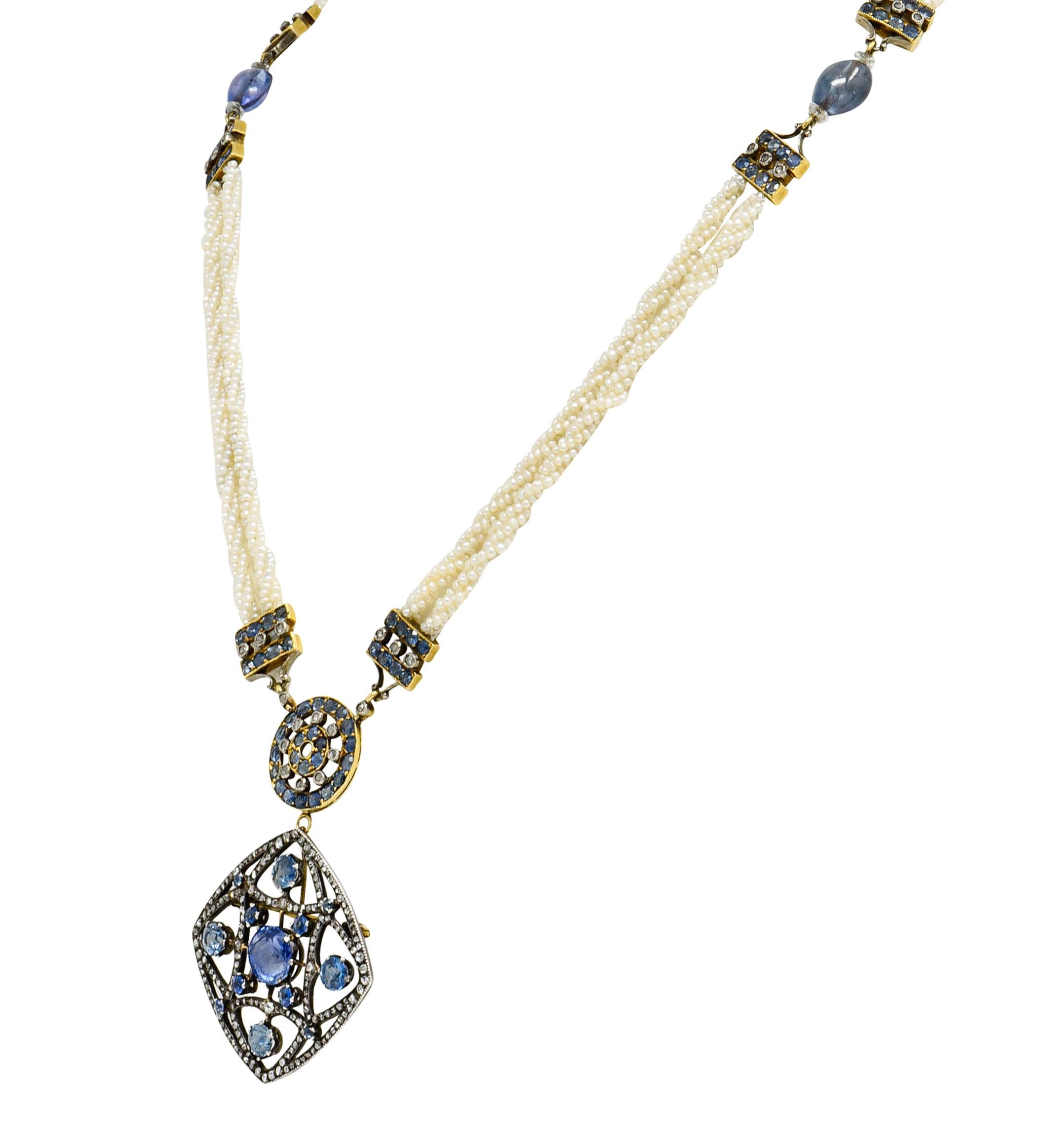 Women's or Men's Victorian Sapphire Diamond Pearl Silver 18 Karat Gold Strand Pendant Necklace