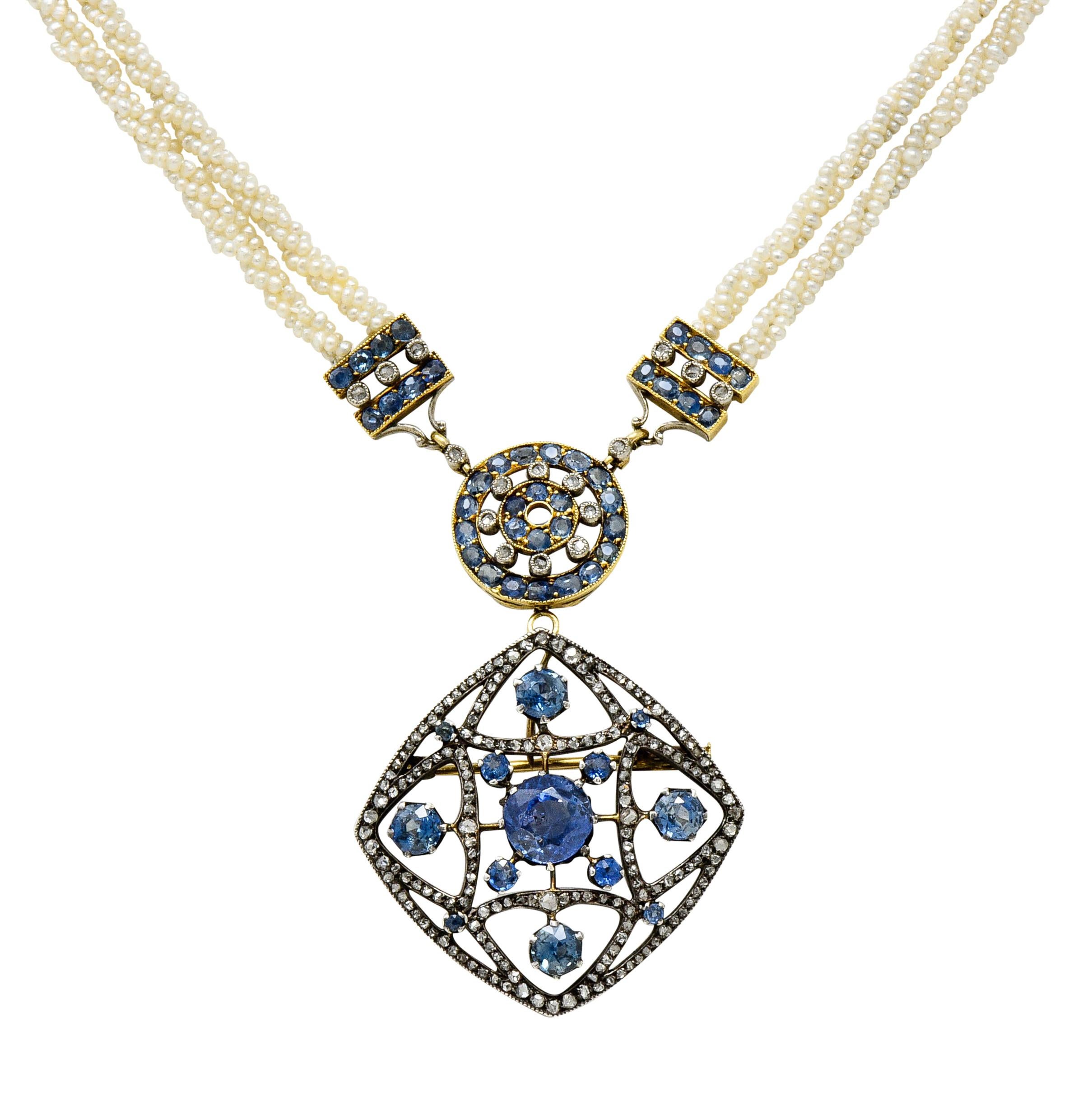 Victorian Sapphire Diamond Pearl Silver 18 Karat Gold Strand Pendant Necklace 7