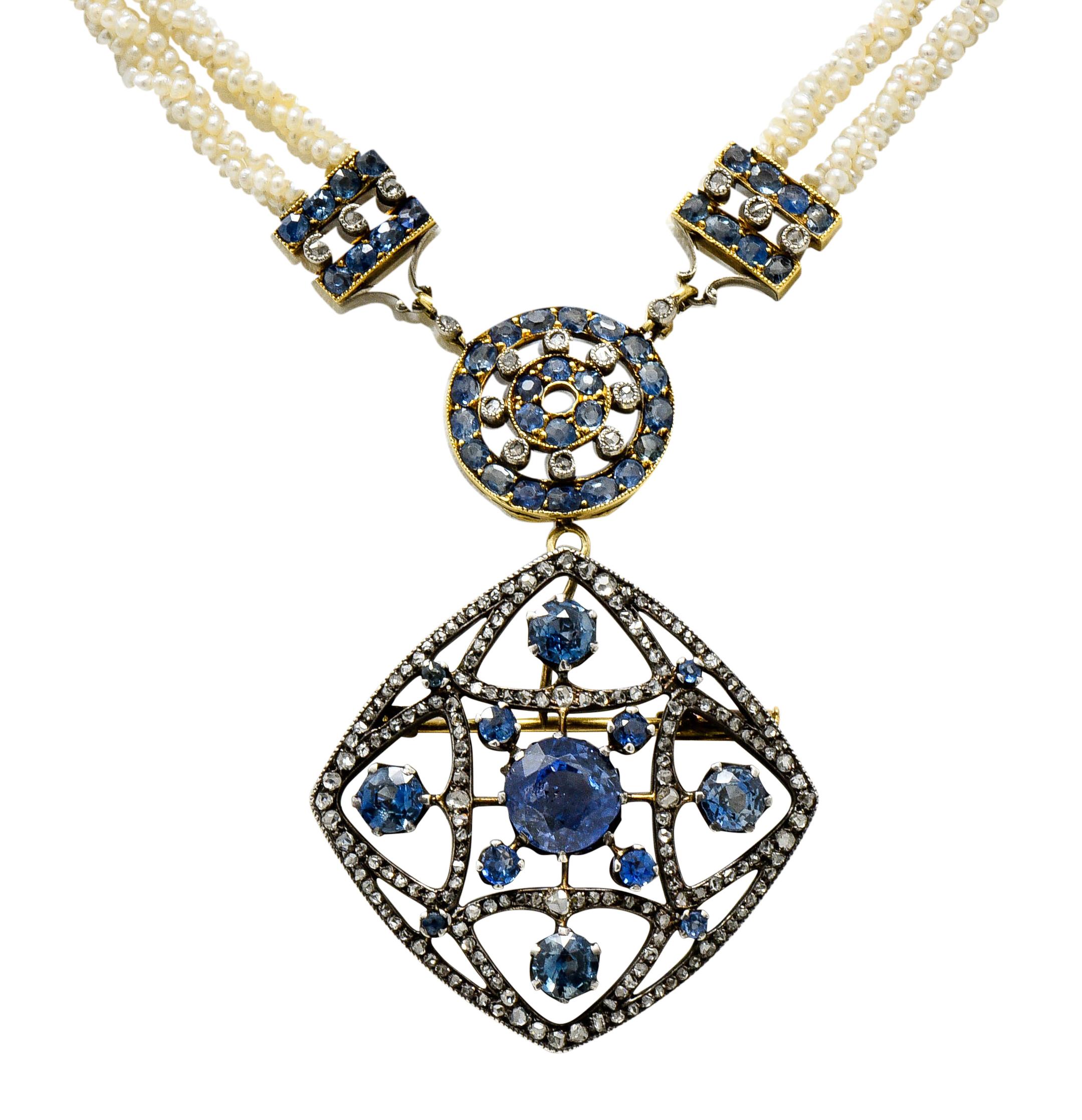 Victorian Sapphire Diamond Pearl Silver 18 Karat Gold Strand Pendant Necklace 1