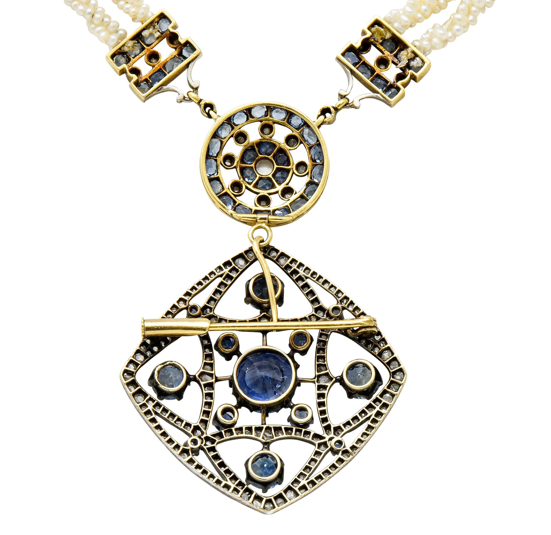 Victorian Sapphire Diamond Pearl Silver 18 Karat Gold Strand Pendant Necklace 2