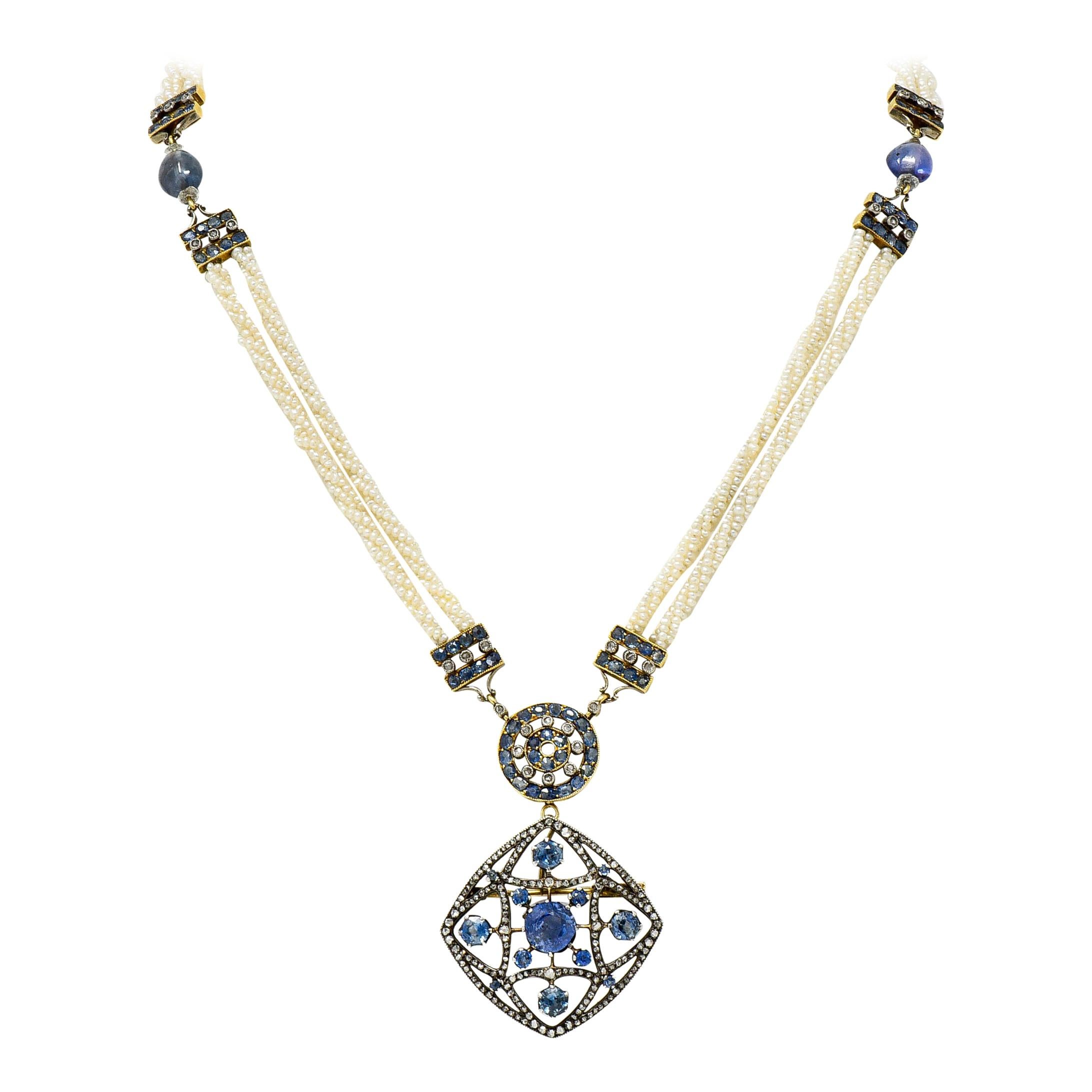 Victorian Sapphire Diamond Pearl Silver 18 Karat Gold Strand Pendant Necklace