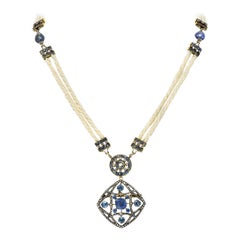 Antique Victorian Sapphire Diamond Pearl Silver 18 Karat Gold Strand Pendant Necklace