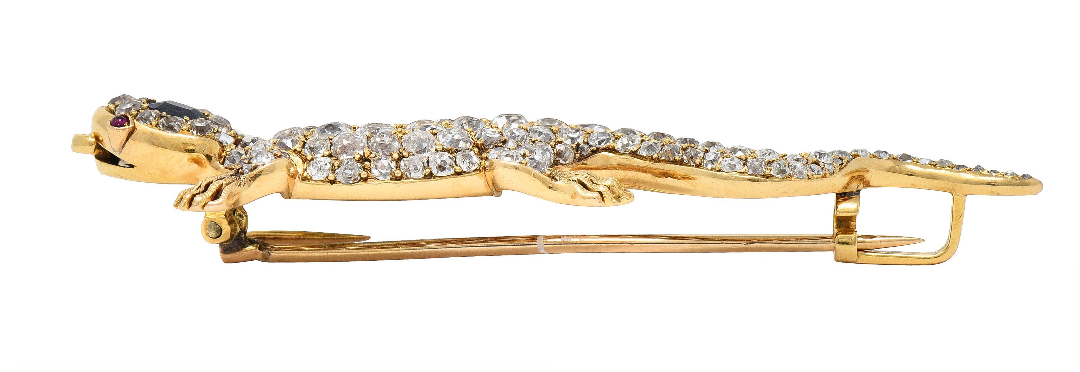Broche Salamander ancienne victorienne en or 18 carats, saphir, diamant et rubis en vente 4