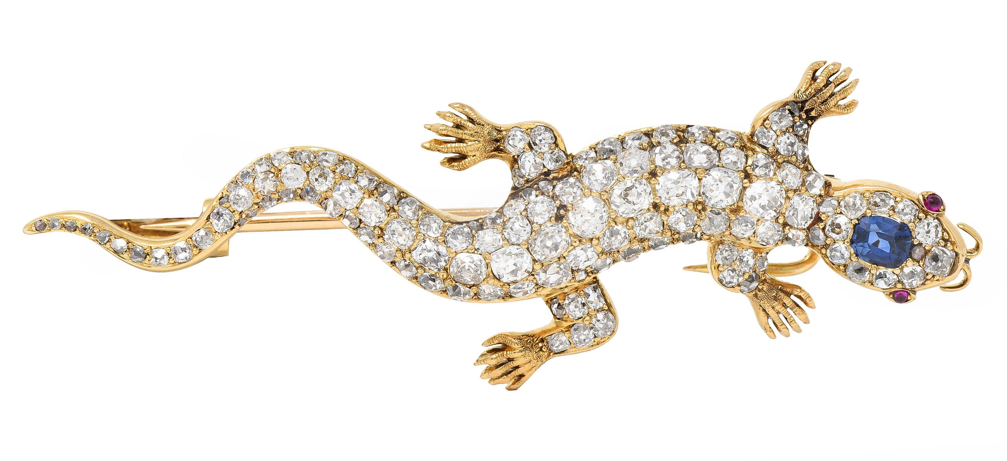 Victorian Sapphire Diamond Ruby 18 Karat Gold Antique Salamander Brooch For Sale 6
