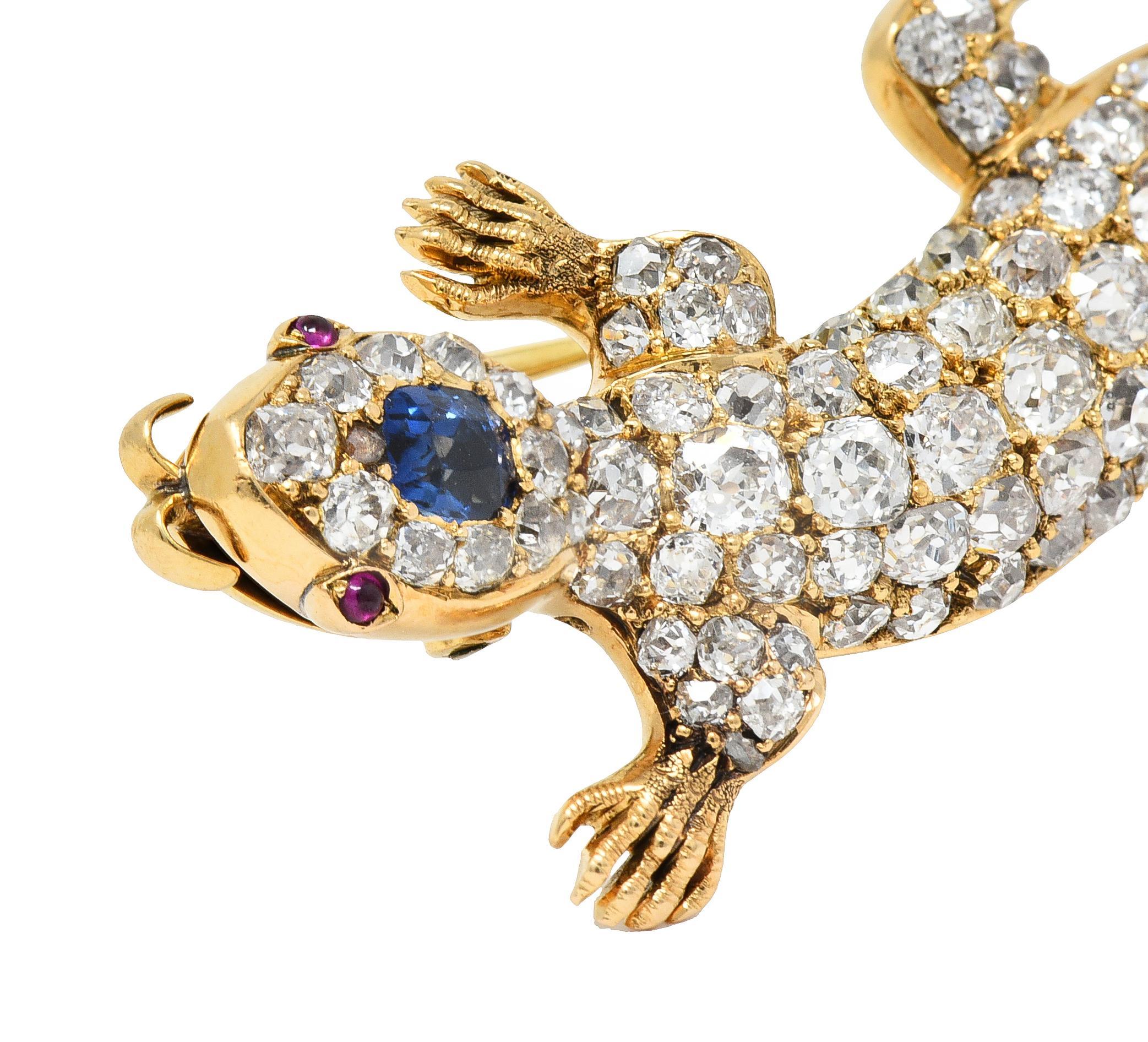 Victorian Sapphire Diamond Ruby 18 Karat Gold Antique Salamander Brooch For Sale 7