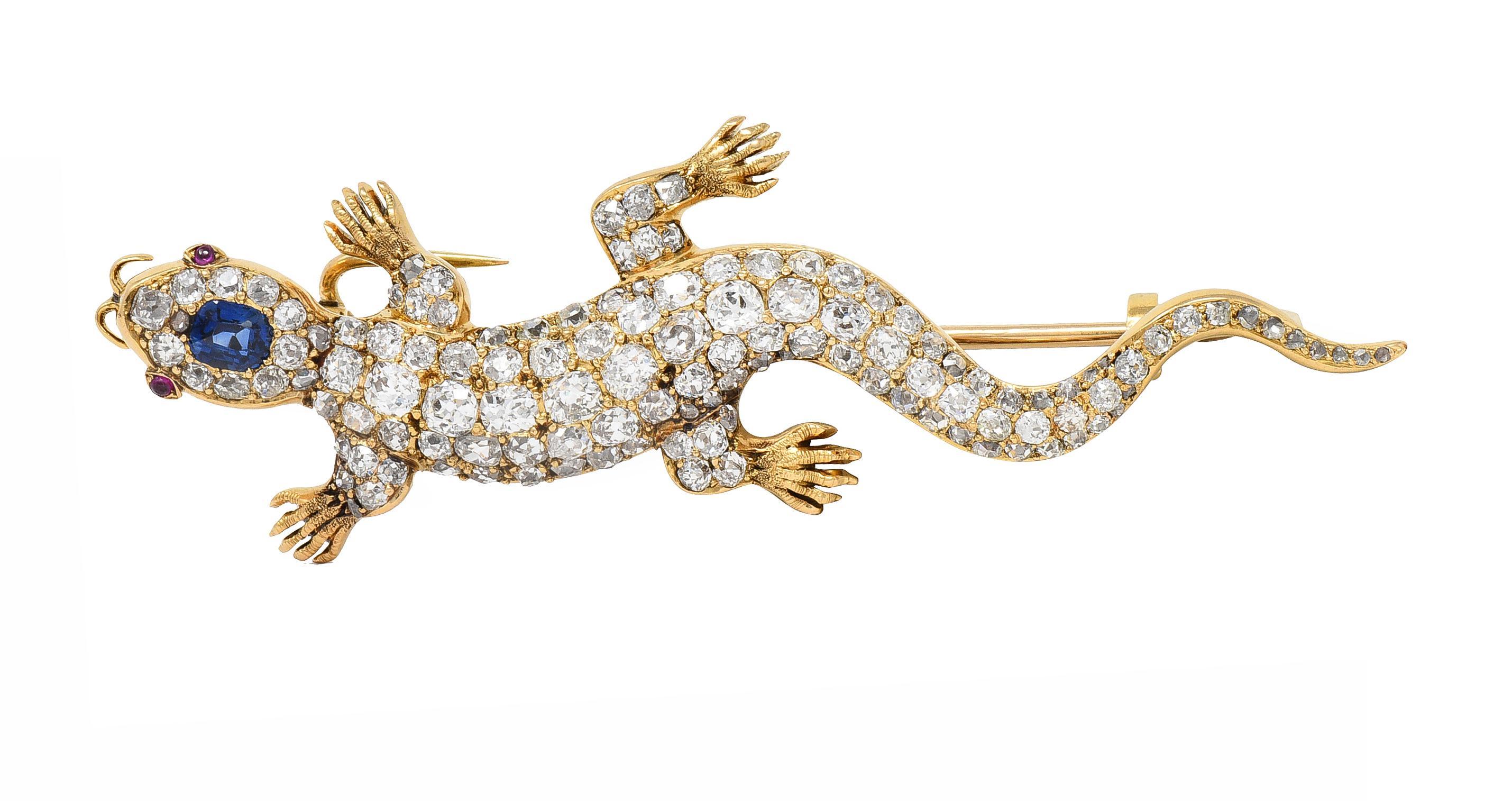 Victorian Sapphire Diamond Ruby 18 Karat Gold Antique Salamander Brooch For Sale 8