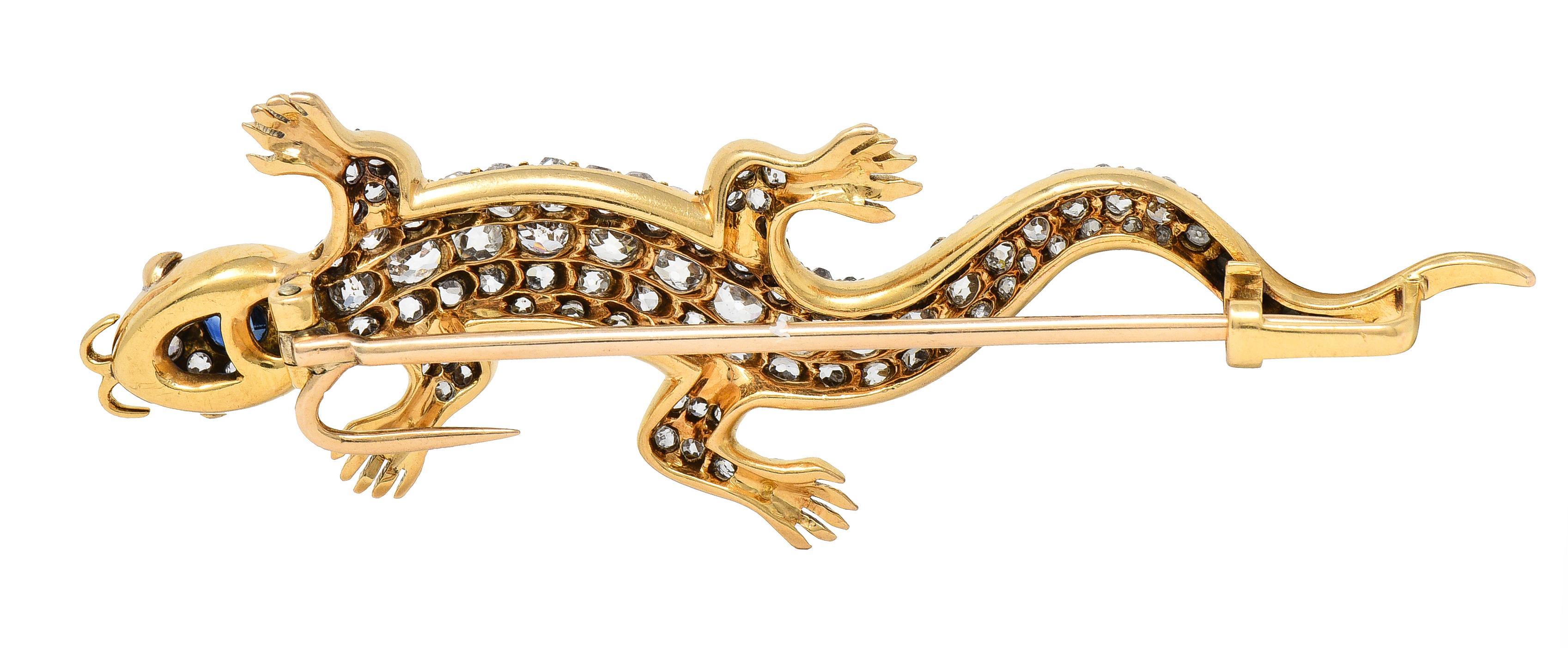 Taille coussin Broche Salamander ancienne victorienne en or 18 carats, saphir, diamant et rubis en vente