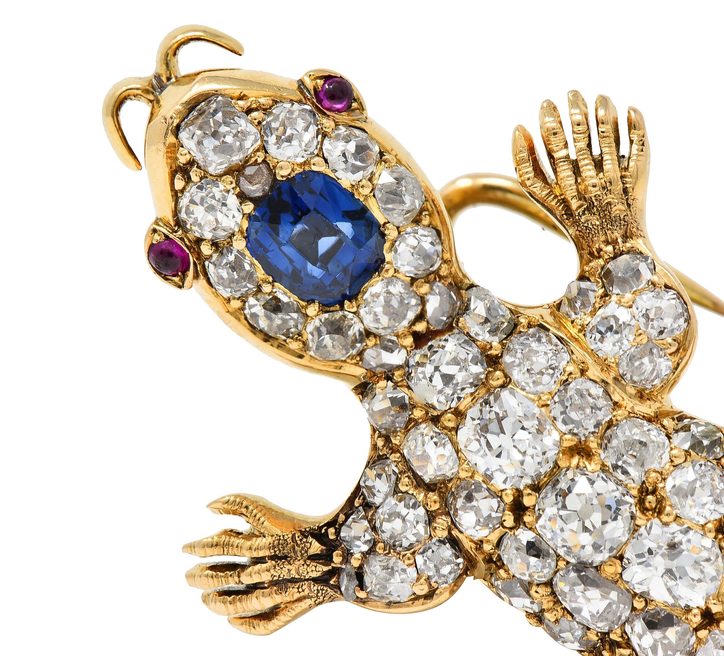 Women's or Men's Victorian Sapphire Diamond Ruby 18 Karat Gold Antique Salamander Brooch For Sale