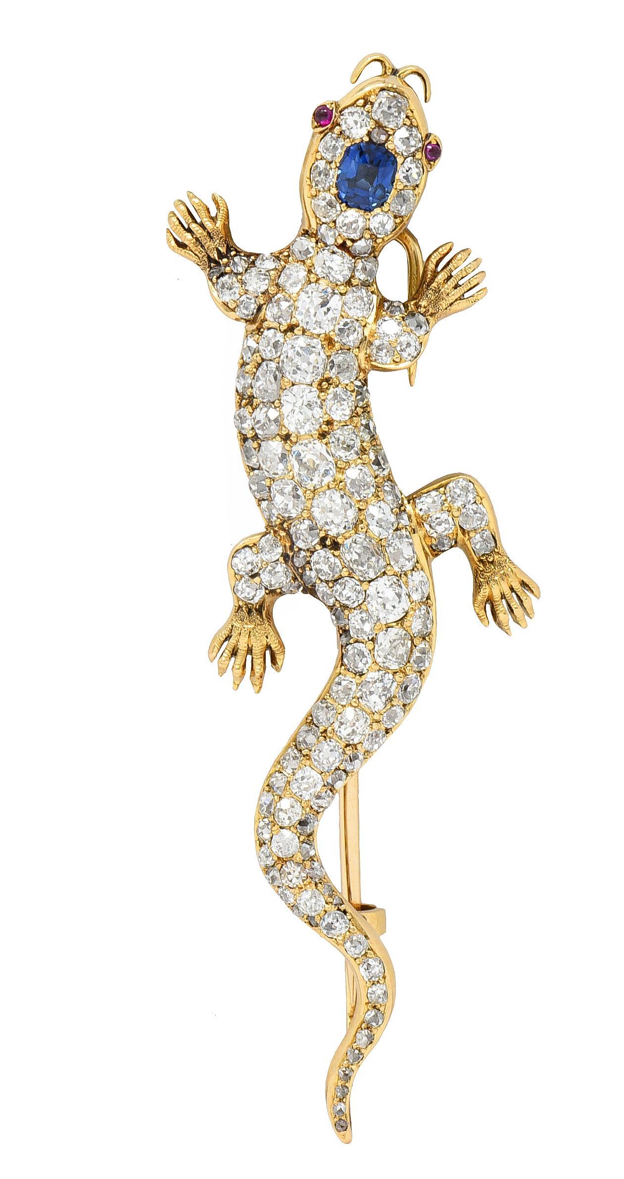 Victorian Sapphire Diamond Ruby 18 Karat Gold Antique Salamander Brooch For Sale 1