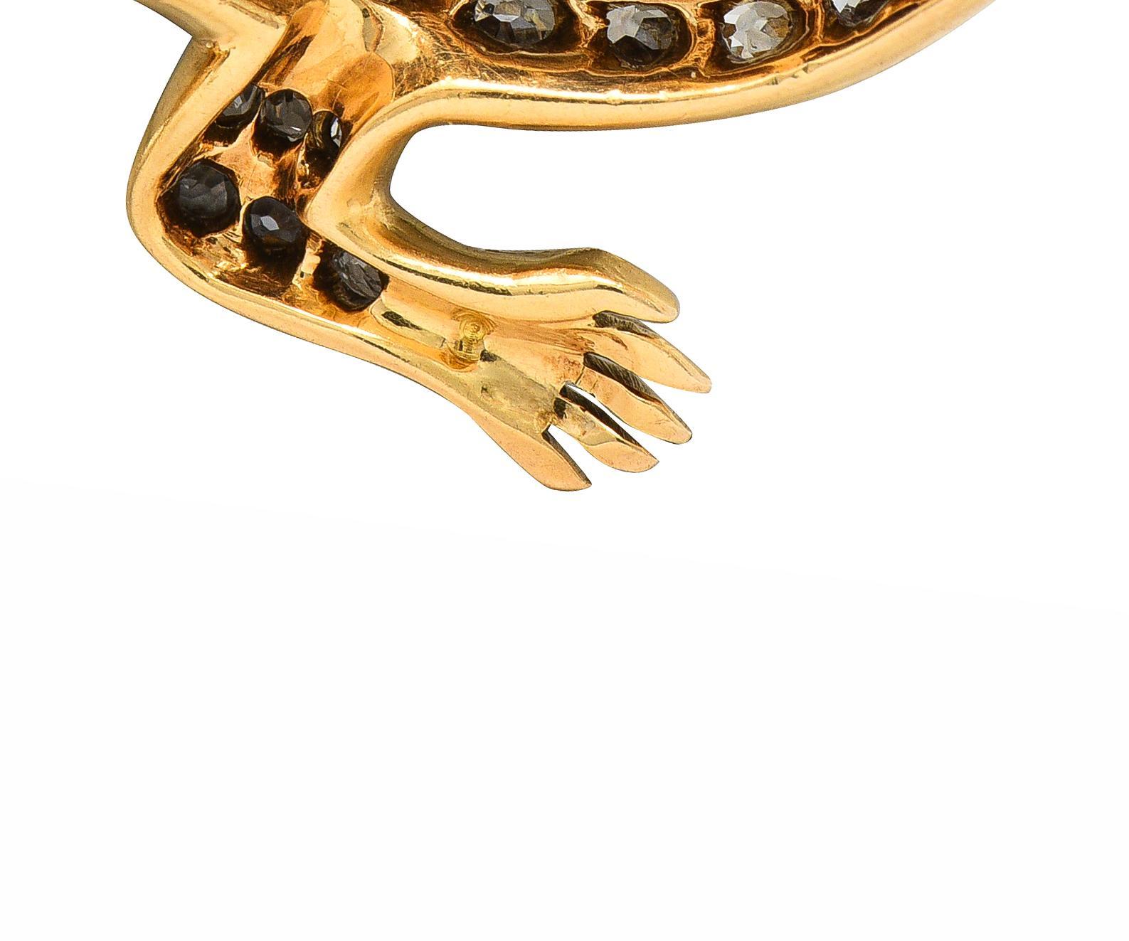 Victorian Sapphire Diamond Ruby 18 Karat Gold Antique Salamander Brooch For Sale 2