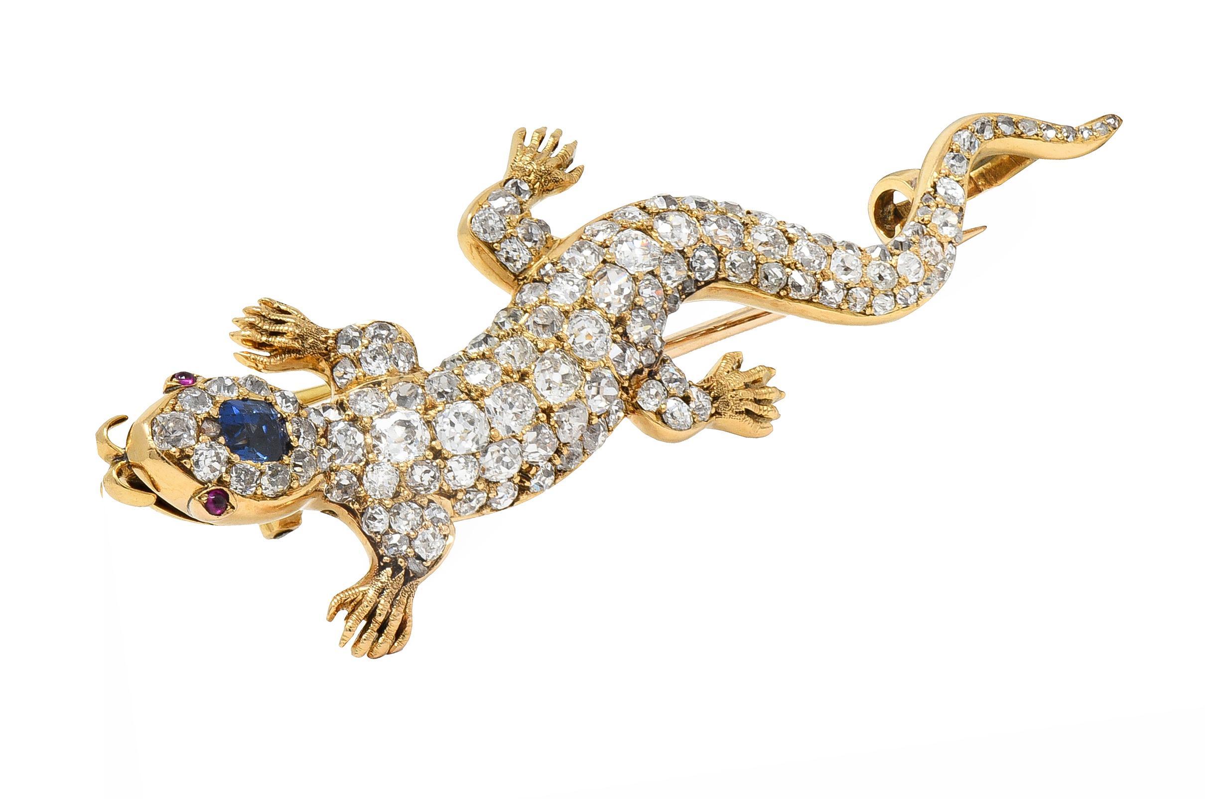 Victorian Sapphire Diamond Ruby 18 Karat Gold Antique Salamander Brooch For Sale 3