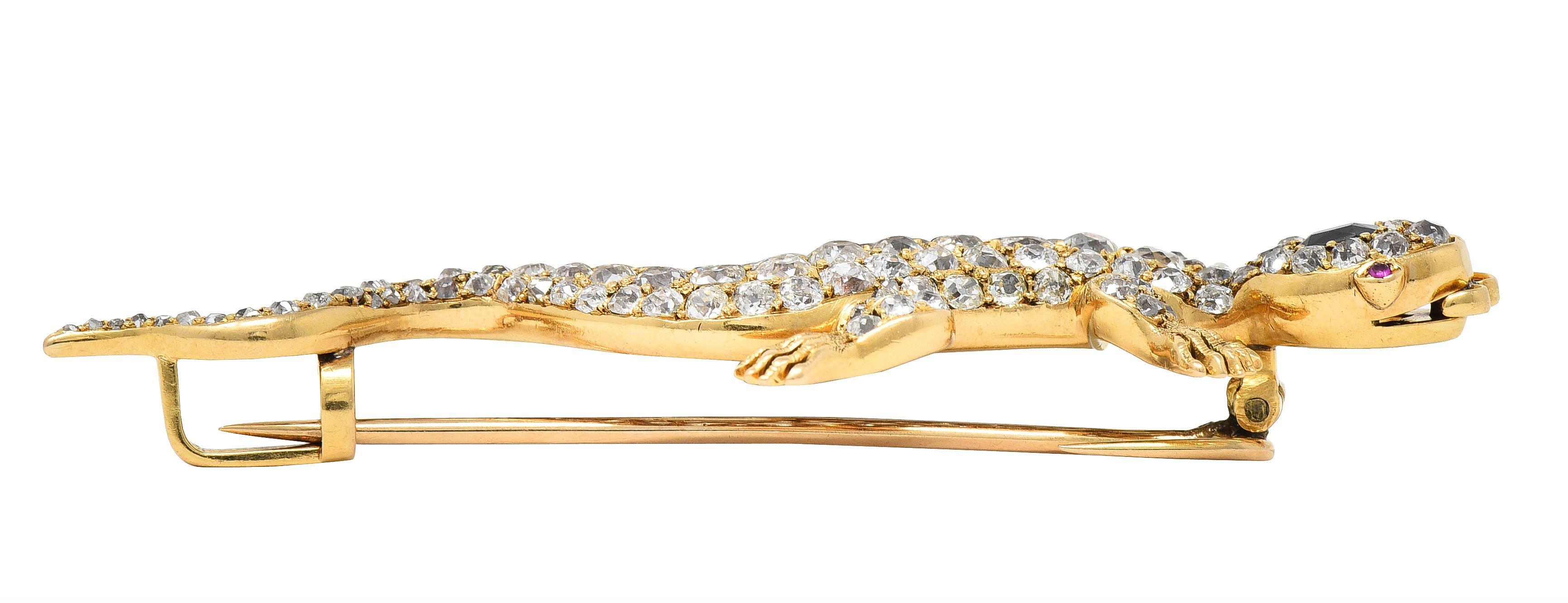 Victorian Sapphire Diamond Ruby 18 Karat Gold Antique Salamander Brooch For Sale 4