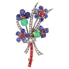 Victorian Sapphire, Diamond, Ruby and Emerald Flower Brooch, circa 1880s