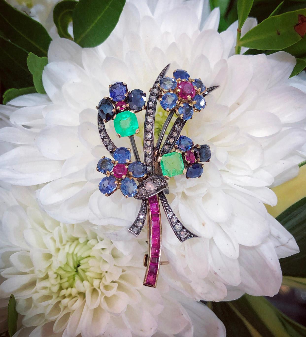 sapphire and ruby flower spray brooch